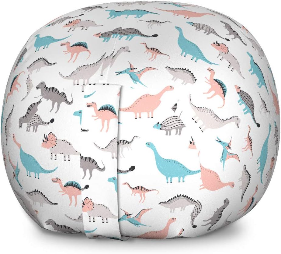 Ambesonne Dinosaur Storage Toy Bag Chair, Triceratops Stegasaurus Velociraptors in Cartoon Style Mesozoic Era Animals, Stuffed Animal Organizer Washable Bag, Large Size, Multicolor