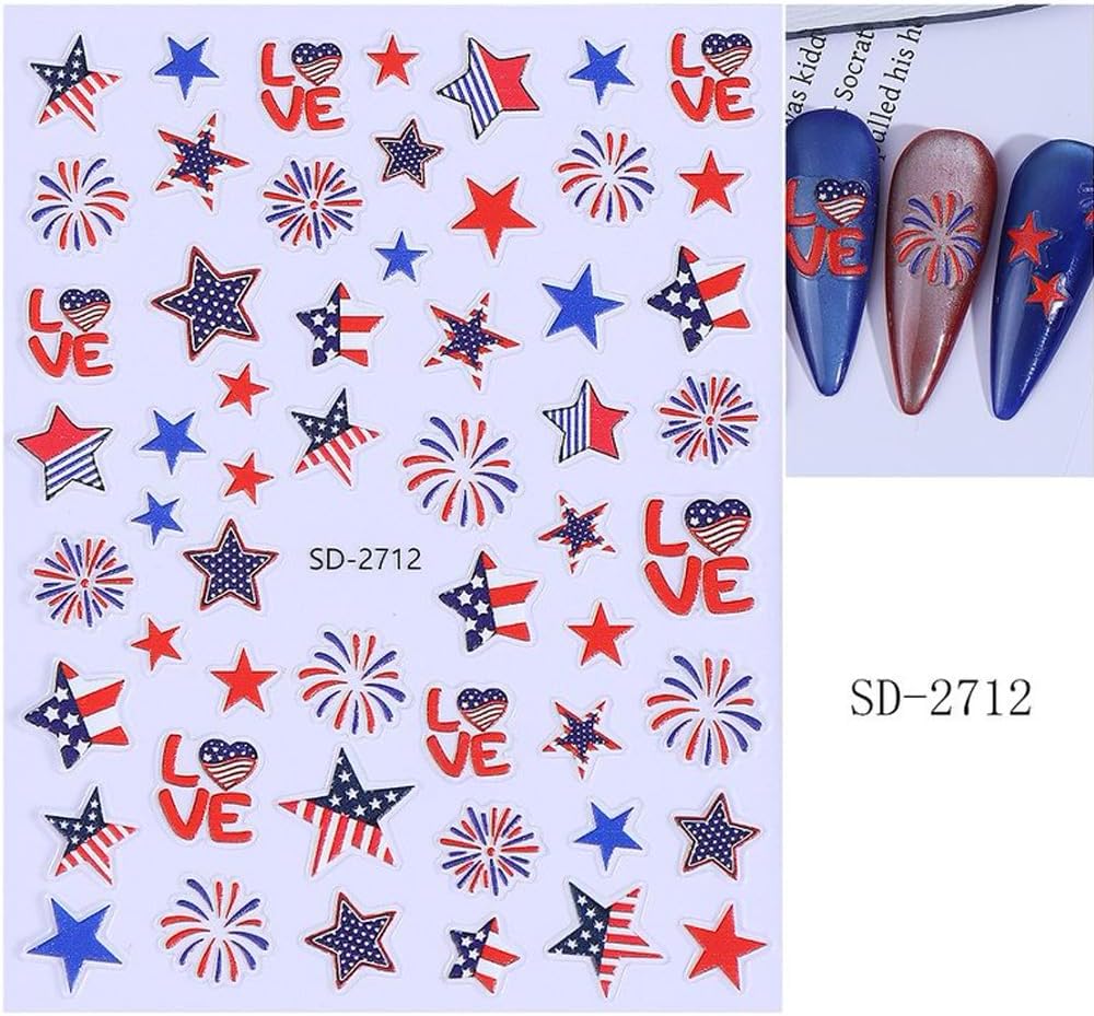 4 Sheets 4th of July Nail Art Stickers - Red White Blue Nail Decals with Stars Fireworks American Flag Patriotic Design Nail Stickers Self-Adhesive DIY Manicure for Independence Day Nail Decoration