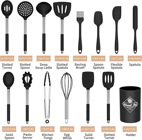 Miniatura 3 de Juego de utensilios de cocina 15 piezas de utensilios de cocina de silicona con mango de acero inoxidable antiadherente resistente al calor