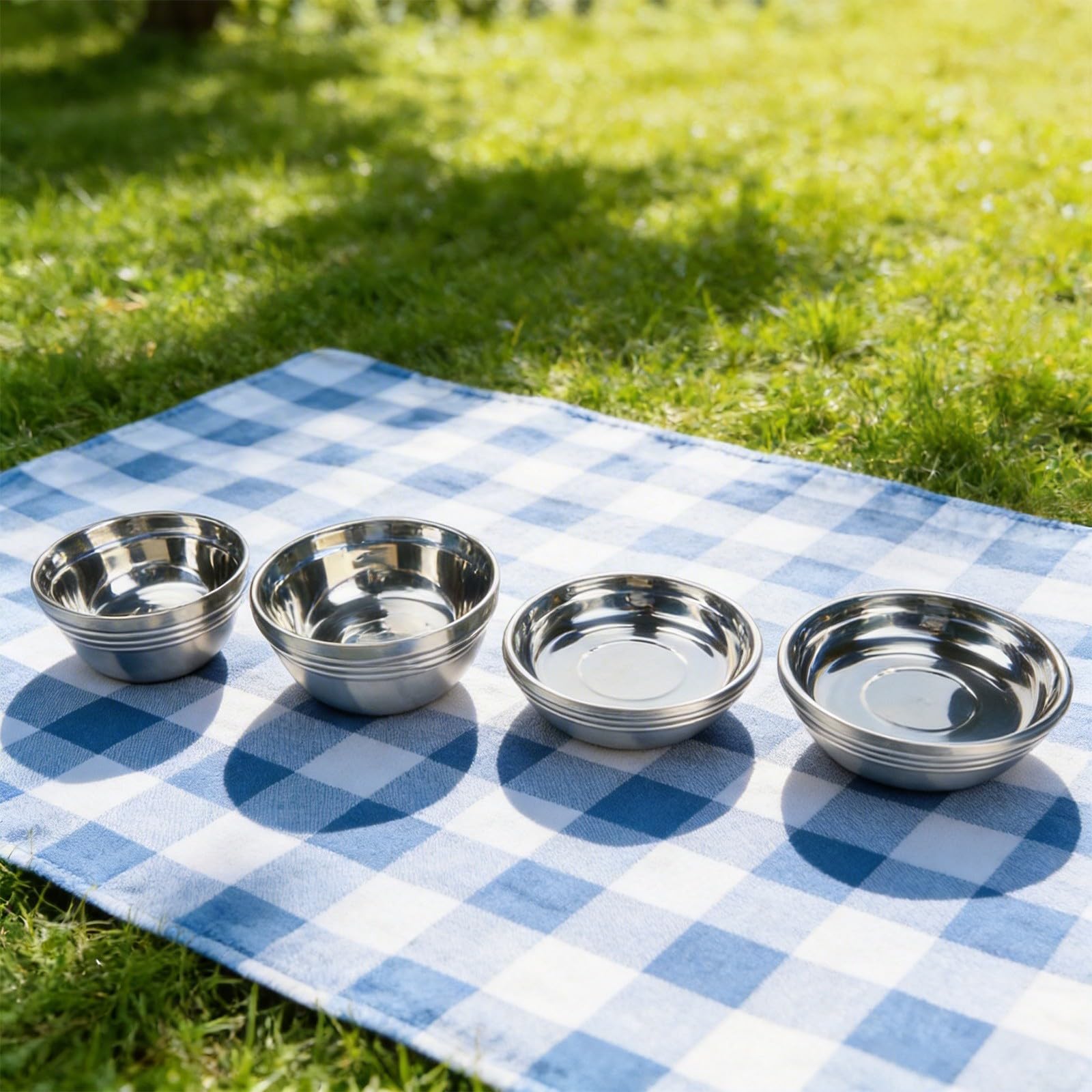 Edelstahl Camping Geschirr Set, 20 Stück Tragbare 304 SUS Schalen und Teller für Outdoor Wandern Picknick BBQ