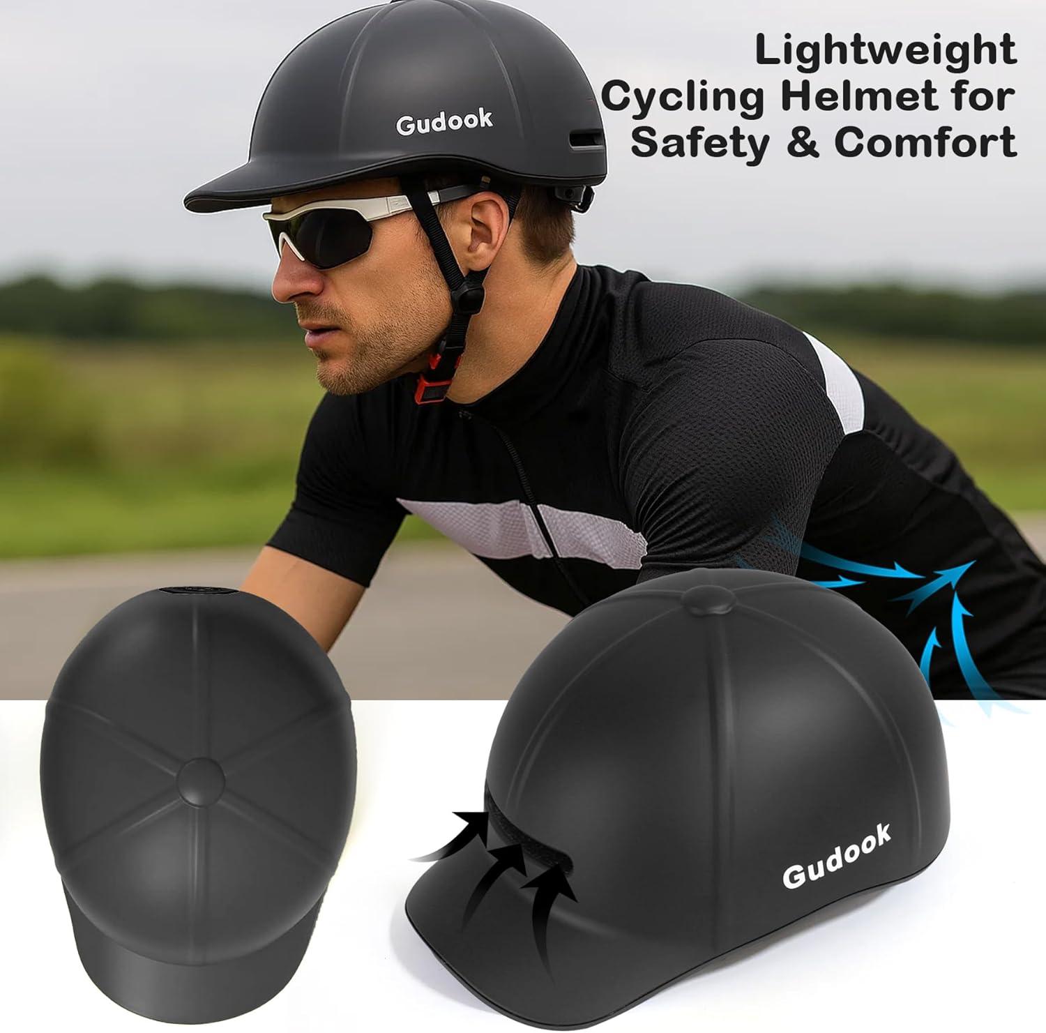 Bike Helmet Adult - Bicycle Helmets for Men Women - with LED Rear Lights - Baseball Cap Style Adjustable Scooter Helmets for City Road Commuter Cycling Biking Skating