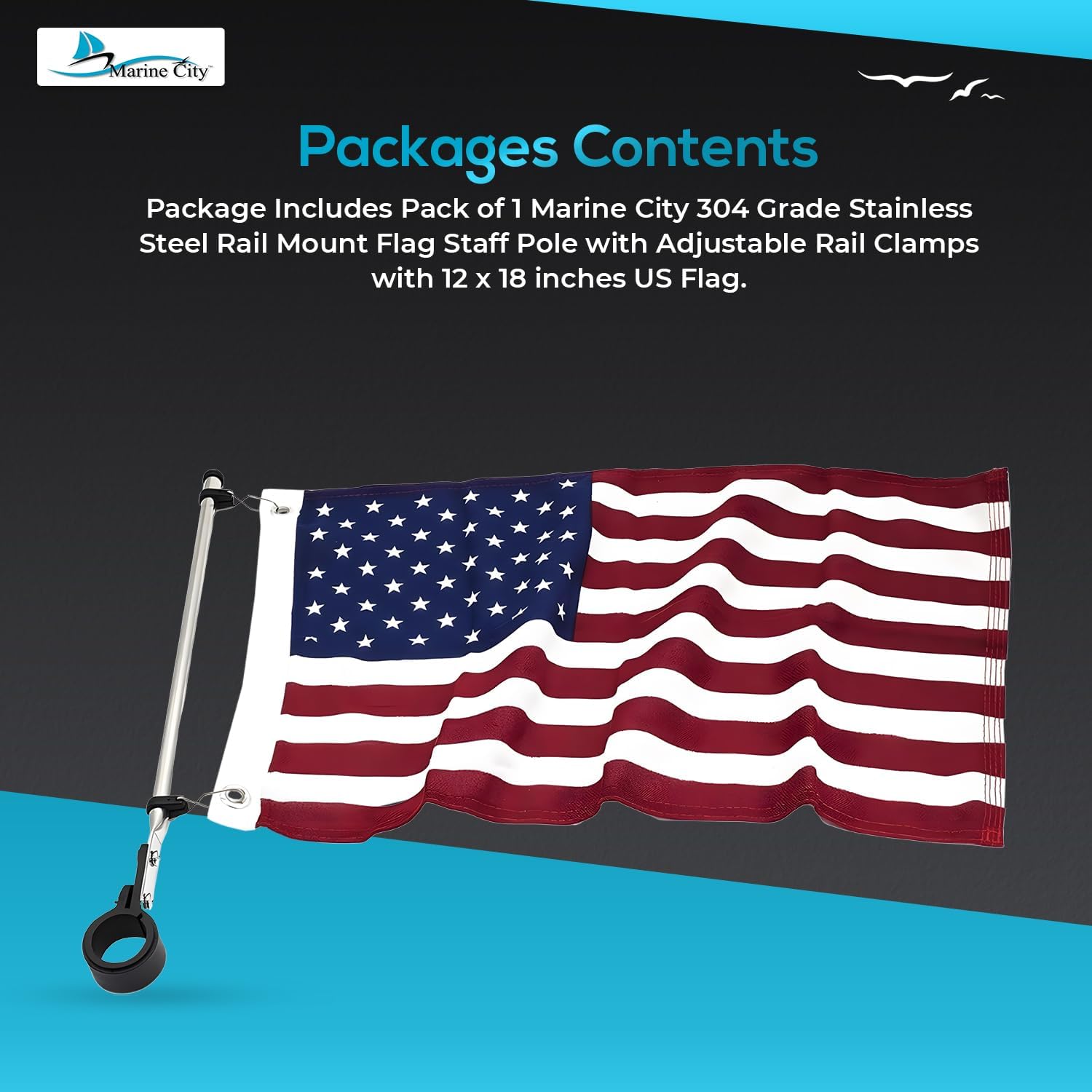 MARINE CITY 304 Grade Stainless Steel Sturdy Rail Mount Flag Staff Pole with Adjustable Rail Clamp for US Flag