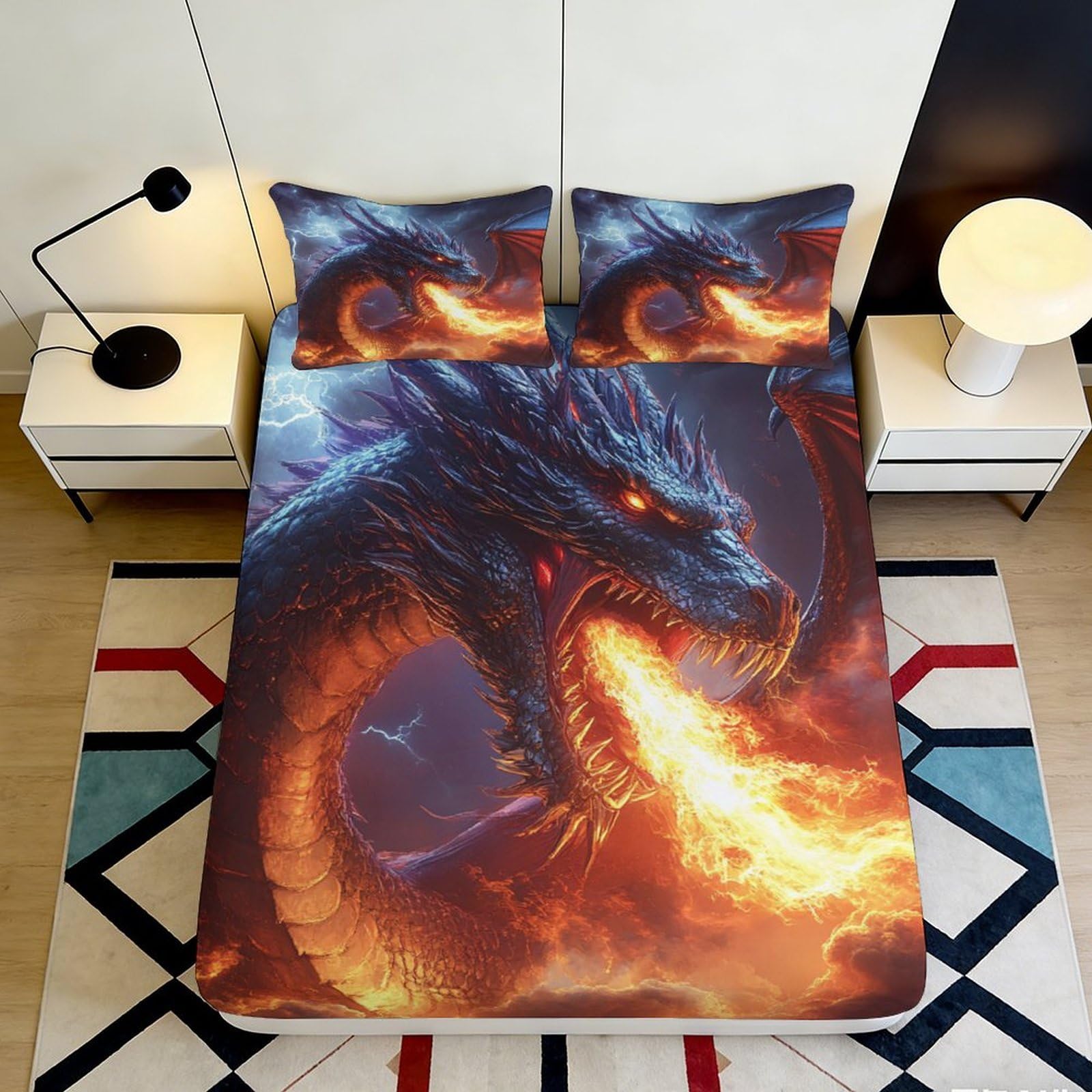 Pnayamiorkfel Style-10 3D Printed Fire Dragon Fitted Sheet Microfiber Anti-Slip Fantasy Flame Mattress Cover For Bedroom Dorm Decor 90X200x25cm