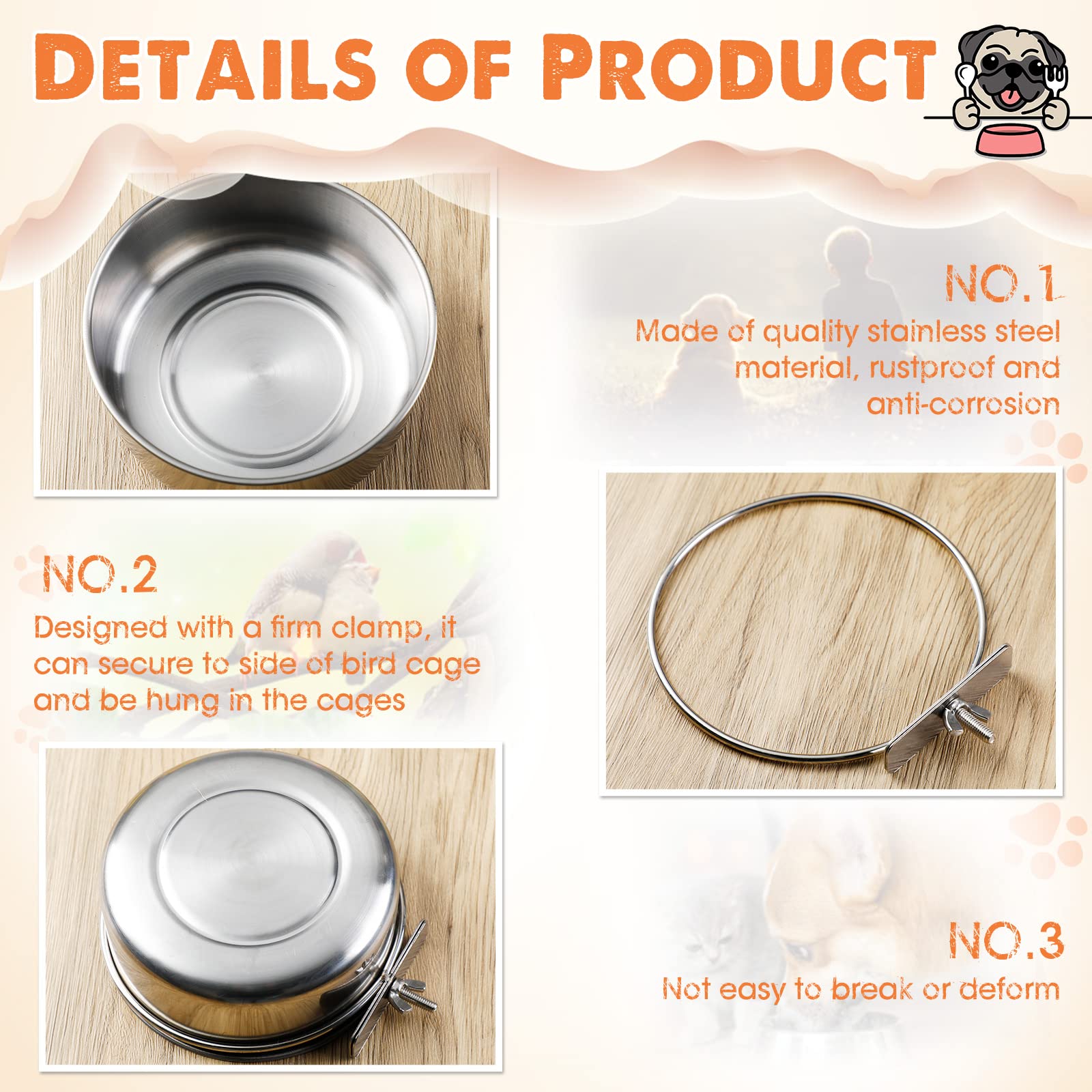 Aoriher 4 Pack Large Bird Feeding Dish Cups 30 oz Stainless Steel Parrot Feeders Food Water Cage Bowls with Clamp Holder for Cockatiel Conure Budgies Parakeet Macaw Small Dog Cat Animal - image 5