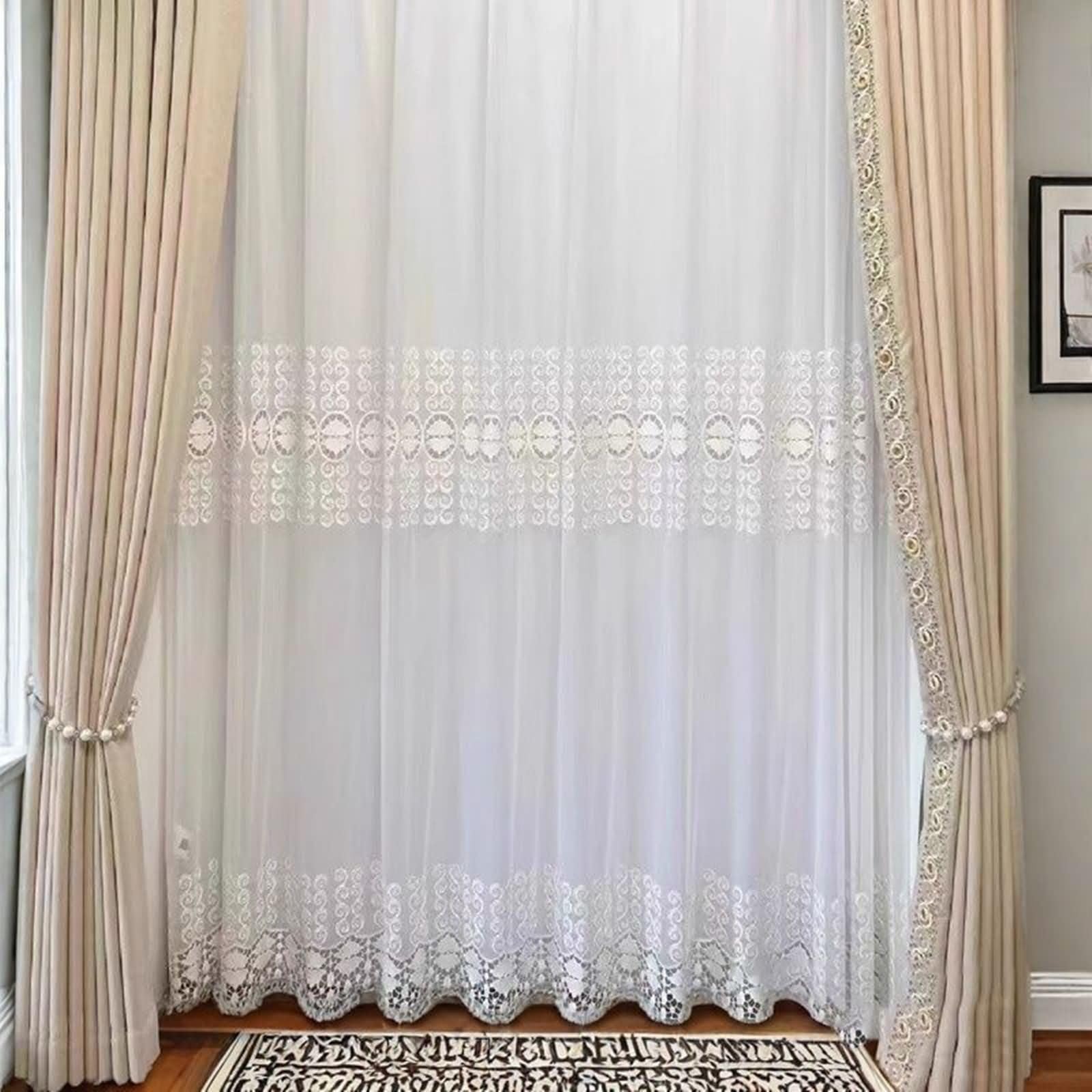 KnSam Rideau Voilage Blanc, 2 Pièces, Rideaux Chambre Salon Broderie, Dentelle à Crochets, 102x183cm x 1pcs