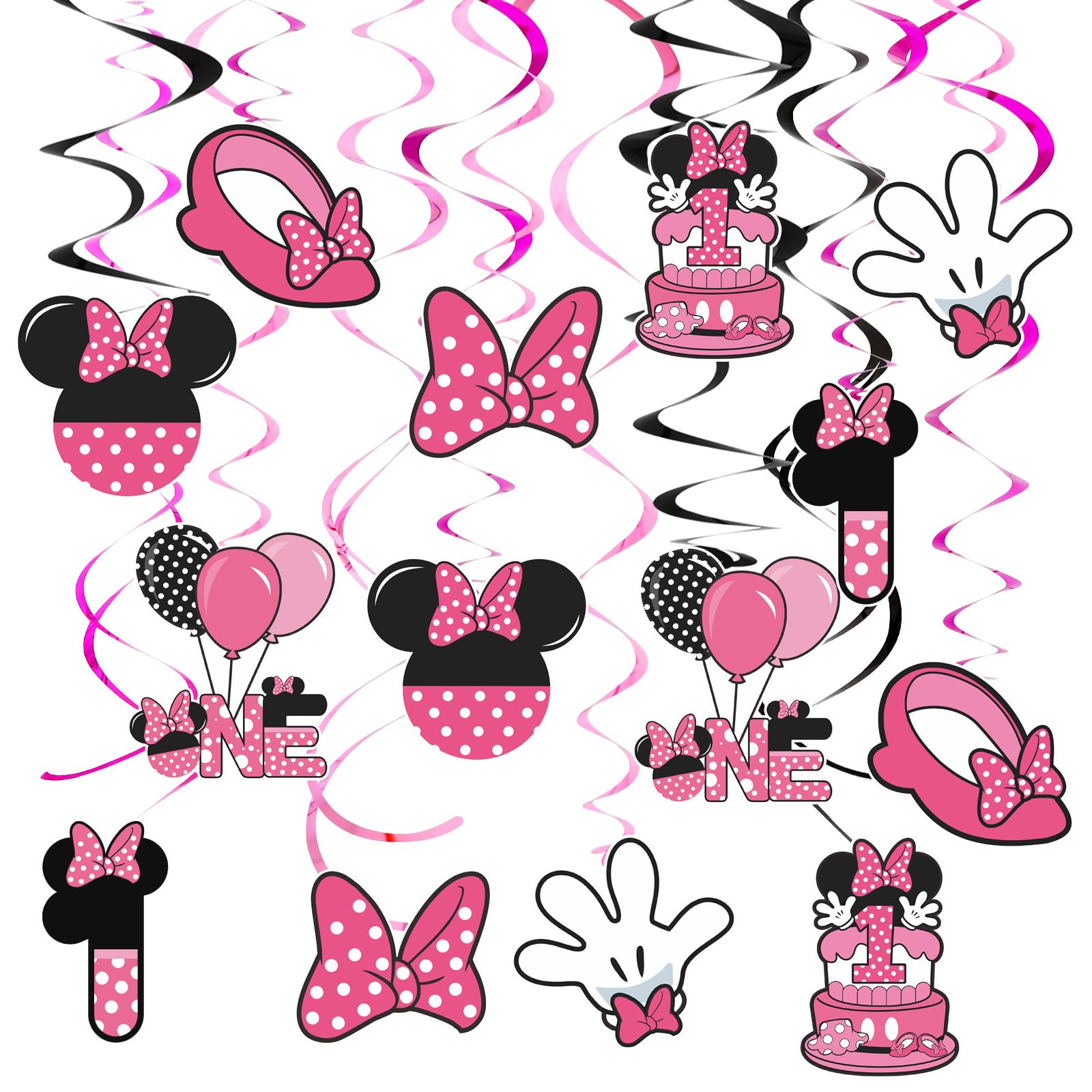 Black Pink Mouse Theme 1st Birthday Hanging Swirl Decorations