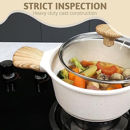 Miniatura 5 de Wodillo Juego de ollas y sartenes antiadherentes, juego de utensilios de cocina de inducción beige, sartén saludable antiadherente para saltear y