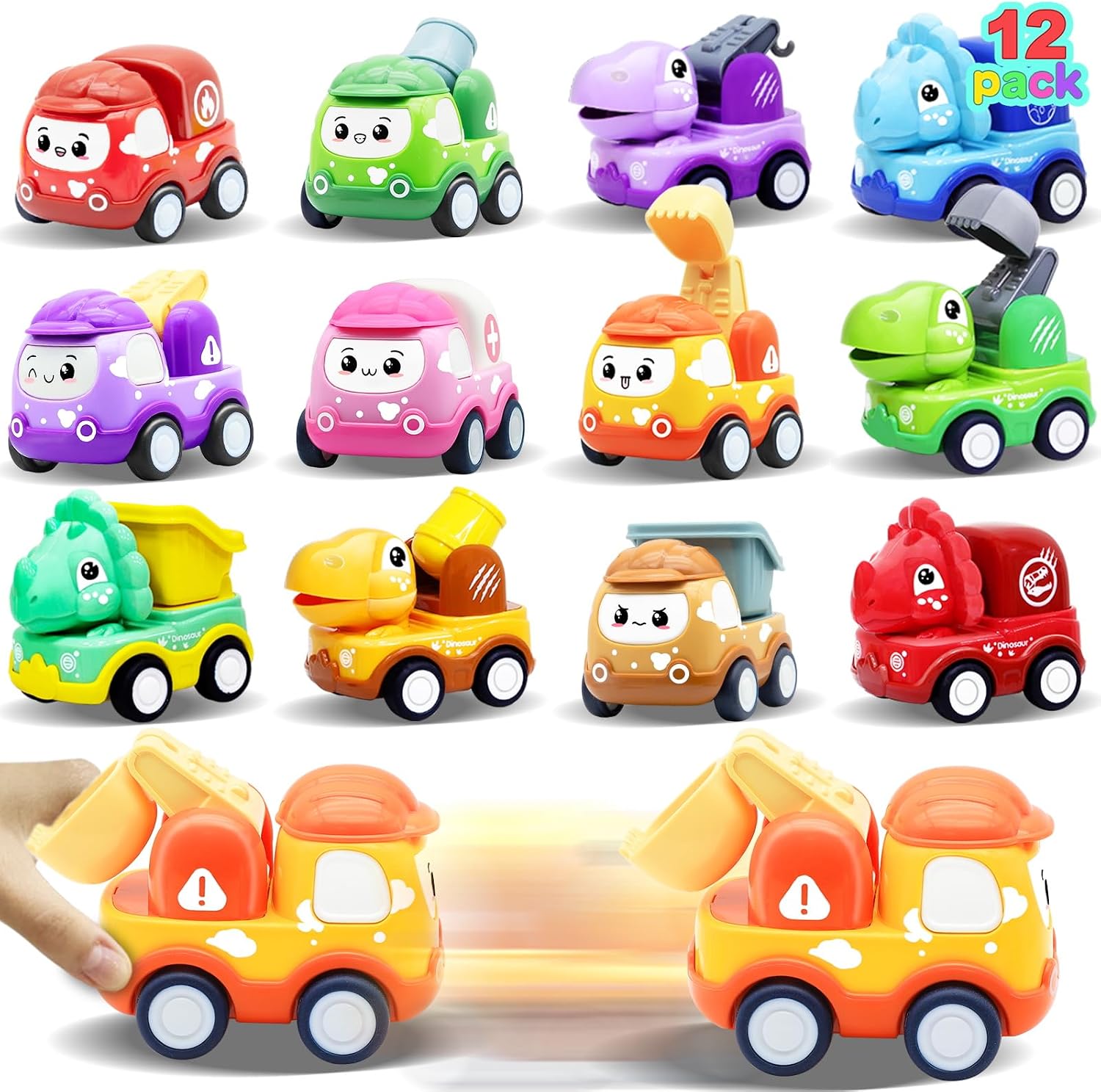 12 Pack Cartoon Pull Back Cars Set for Toddlers Kids Boys Girls, Dinosaur Construction Vehicles Toys Birthday Party Favors for Kids Summer Beach Toys Classroom Prizes Gifts Christmas Stocking Stuffers