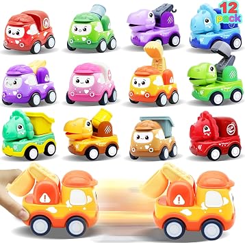 12 Pack Cartoon Pull Back Cars Set for Toddlers Kids Boys Girls, Dinosaur Construction Vehicles Toys Birthday Party Favors for Kids Summer Beach Toys Classroom Prizes Gifts Christmas Stocking Stuffers