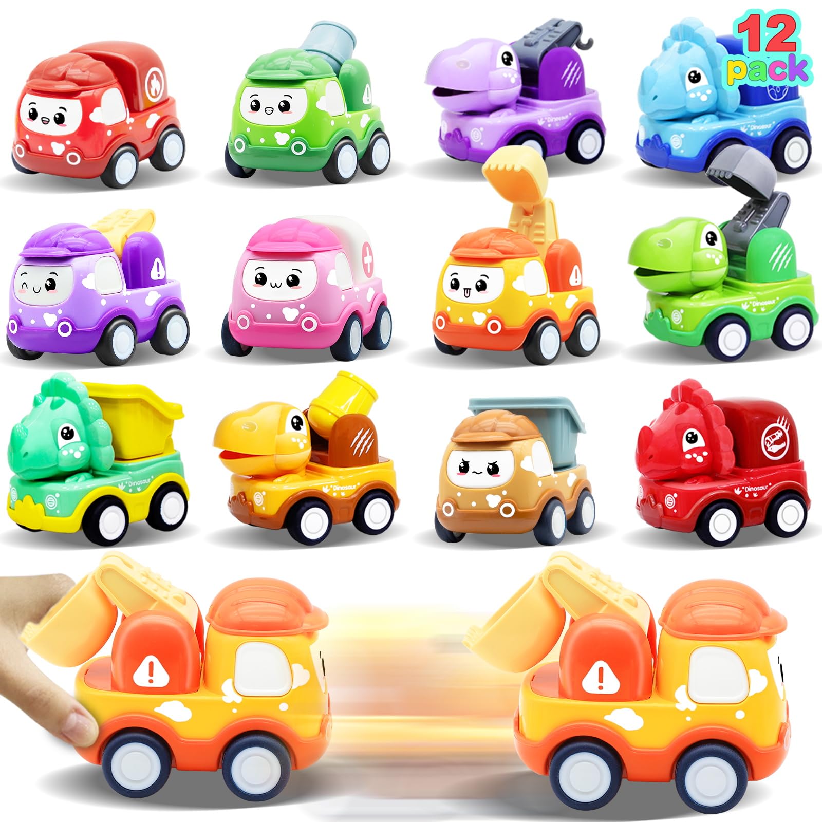 Photo 1 of 12 Pack Cartoon Pull Back Cars Set for Toddlers Kids Boys Girls, Dinosaur Construction Vehicles Toys Birthday Party Favors for Kids Summer Beach Toys Classroom Prizes Gifts Christmas Stocking Stuffers