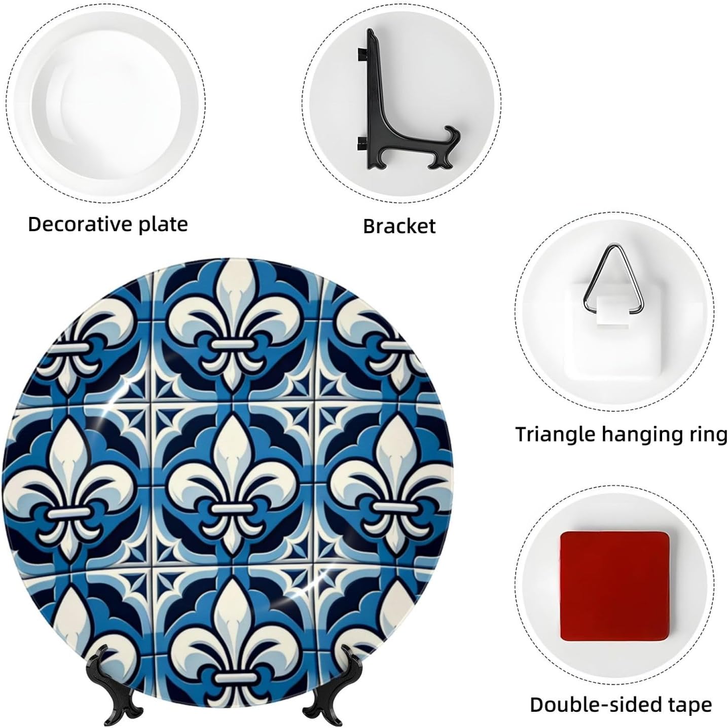 Blue-Fleur-De-Lis 10 Inch Decorative Plate With Stand, Elegant Display Wall Plate For Home Decor