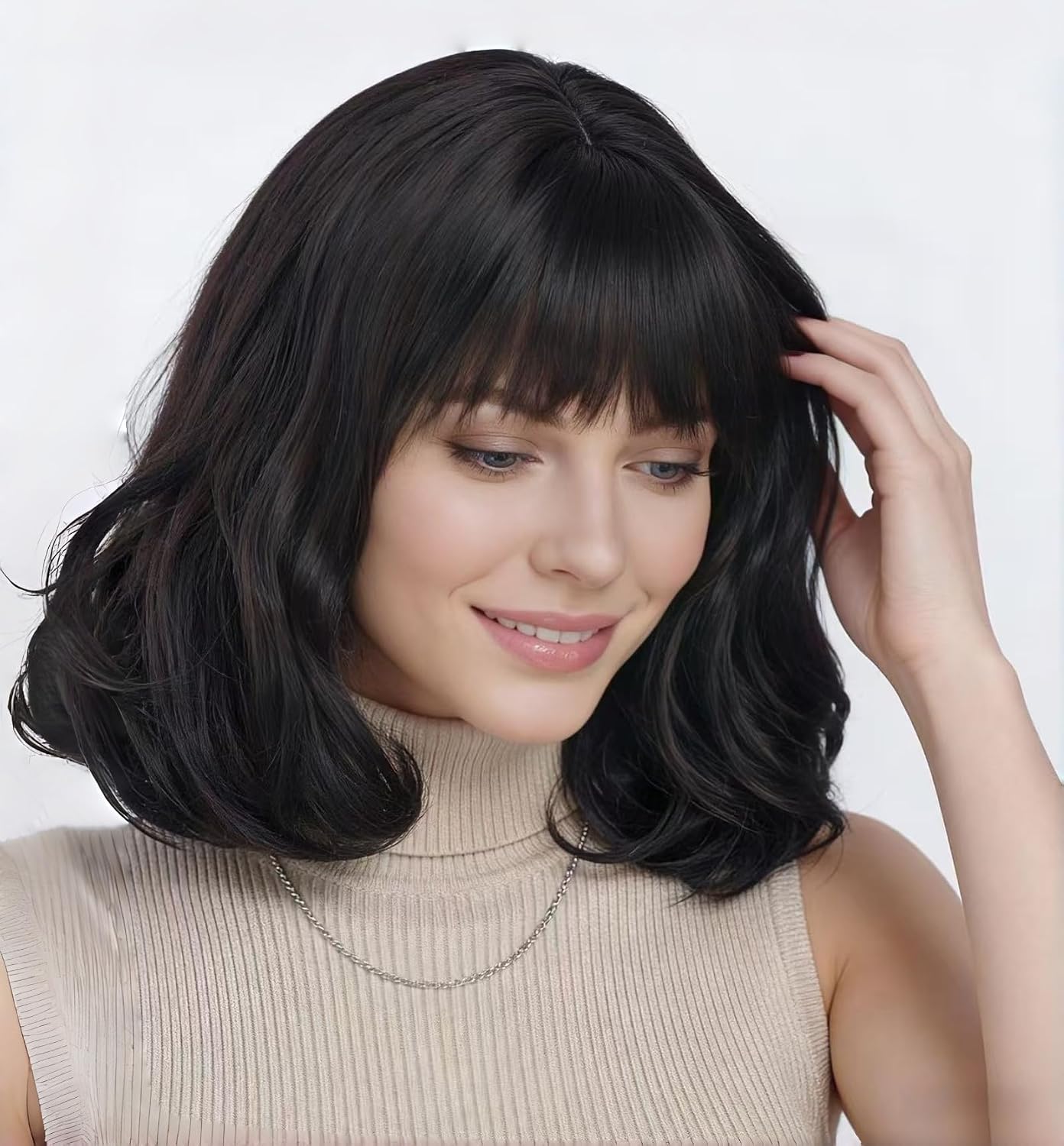 14 Inches Dark Brown Shoulder Length Wigs for Women Short Wavy Wig with Bangs Synthetic Natural Wig for Daily Use,Cosplay