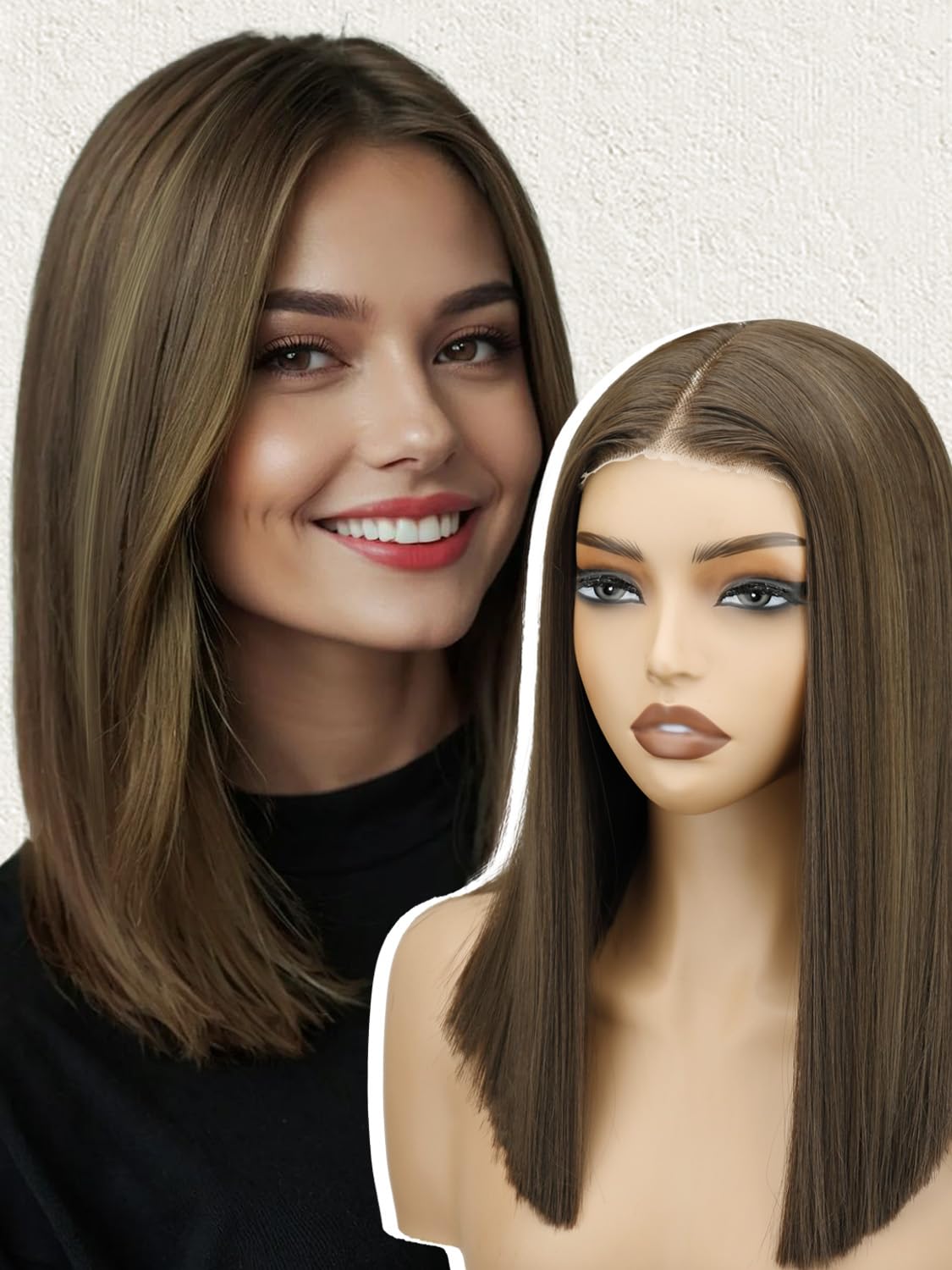 NOSTLAGIA Brown Highlight Bob Wigs Synthetic Lace Front Wig,Mide Part Short Straight Glueless Bob Wig for White Women Daily Use 14 Inch