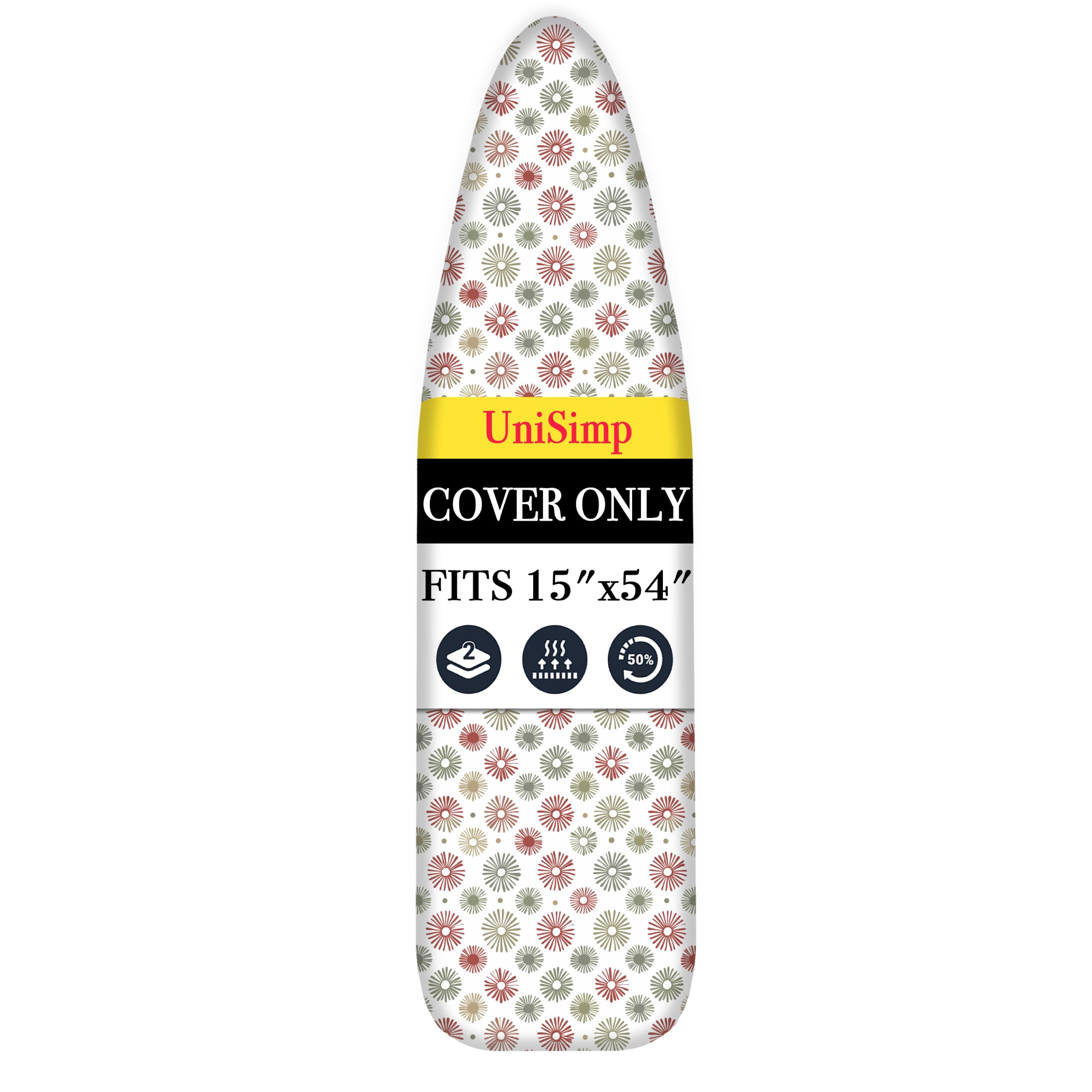 UniSimp Ironing Board Cover and Pad 15"x54" Extra Thick Natural Cotton, Scorch and Stain Resistant Padding, Standard Size Iron Board Cover with Fasteners Heavy Duty Elastic Edge, Heatproof Sunflora