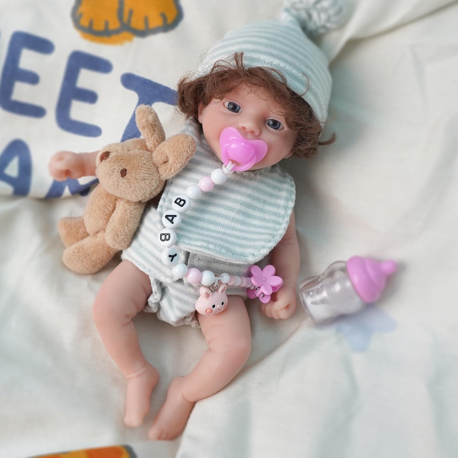Miaio Reborn Baby Doll 17,8 cm Bambola in silicone mini realistica neonato bambola in silicone pieno corpo sollievo dallo stress per adulti fatto a mano con accessori per l'alimentazione e il bagno