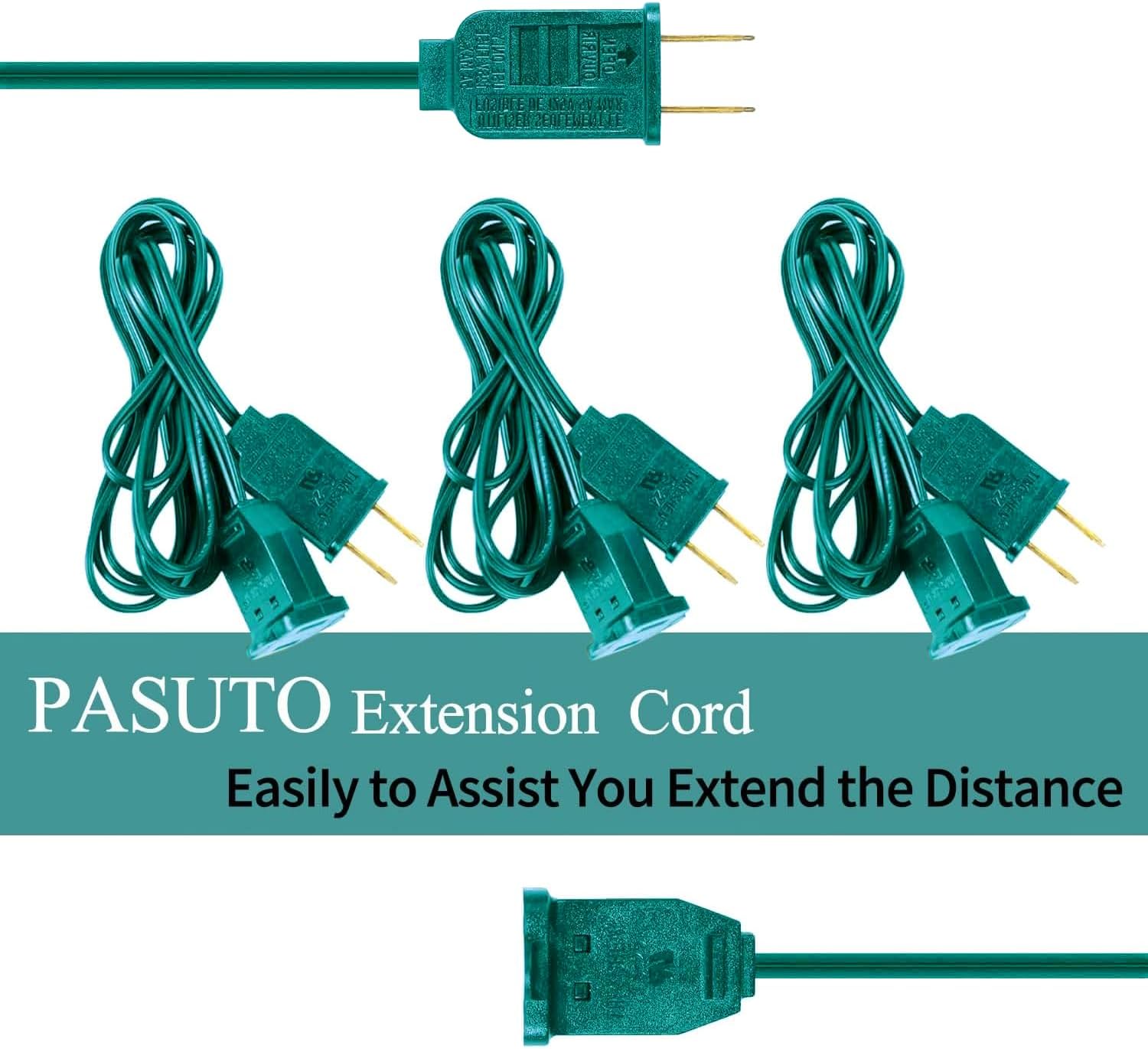 PASUTO 6 FT Extension Cord, US AC 2-Prong Black Male/Female Outlet Saver Power Extension Cord Cable for Halloween Christmas Decorations Lights Connection, Green
