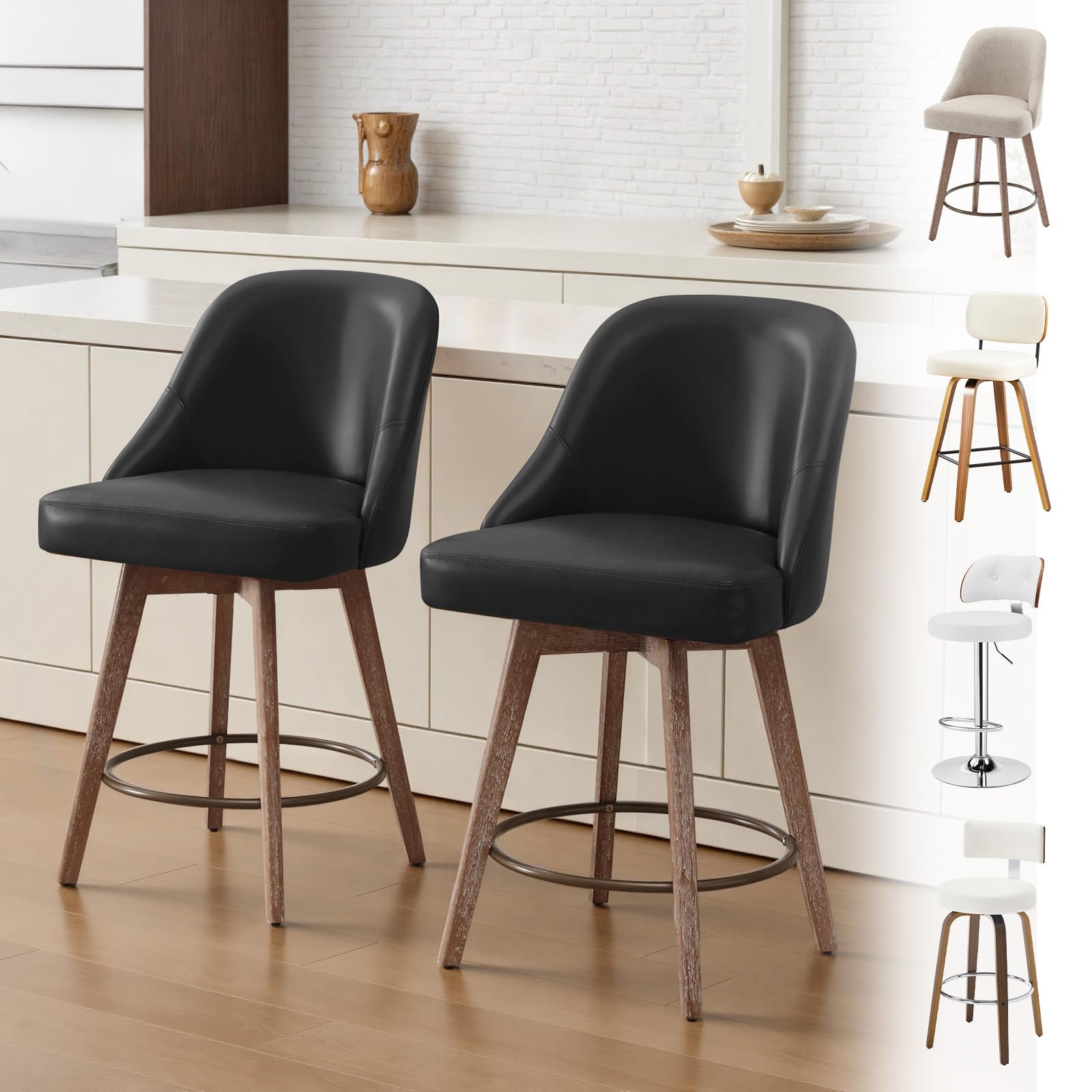 Bekrvio Counter Height Bar Stools Set of 2, Modern Mid-Century Swivel Barstools with Backs and Wood Legs, Linen Fabric Upholstered Chairs 65CM Seat Height Counter Stools (Pu Black, 2PCS) — image 1