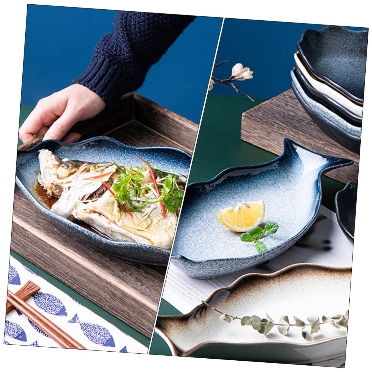 Lurrose Piatto da Portata Forma Pesce 14 Pollici in Ceramica | Piatto per Pesce al Vapore, Servizio per Antipasti e Frutti di Mare, Uso Tavola e Regalo Casa