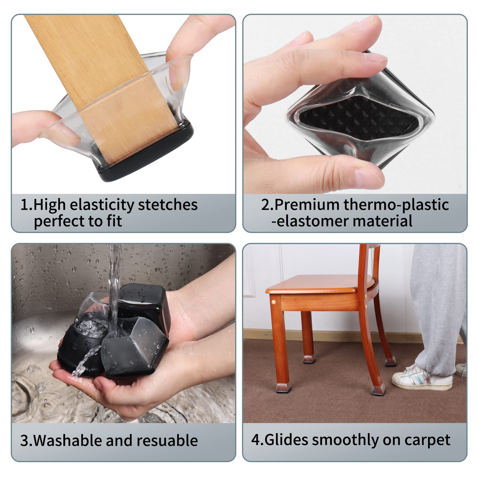 Stuhlbeingleiter für Teppich, quadratische Stuhlgleiter Teppich, Teflon-Möbelgleiter, Stuhlbeinschoner, Teppich, magische Möbelgleiter gleiten sanft auf Teppich (passend für 3,6–4,6 cm, transparent),
