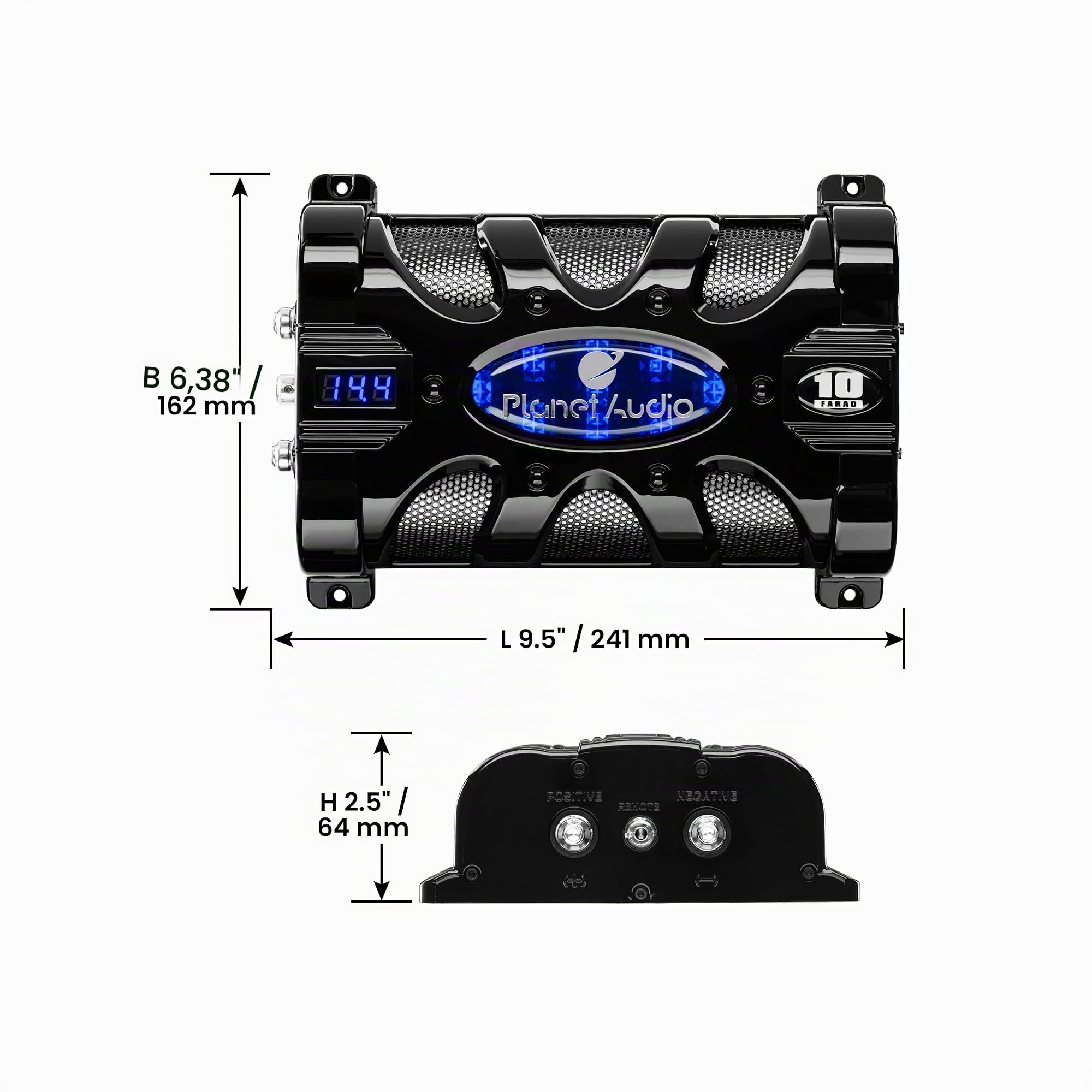 Planet Audio PC10F Kondensator mit digitaler Spannungsanzeige, 10 Farad, Blaue Beleuchtung