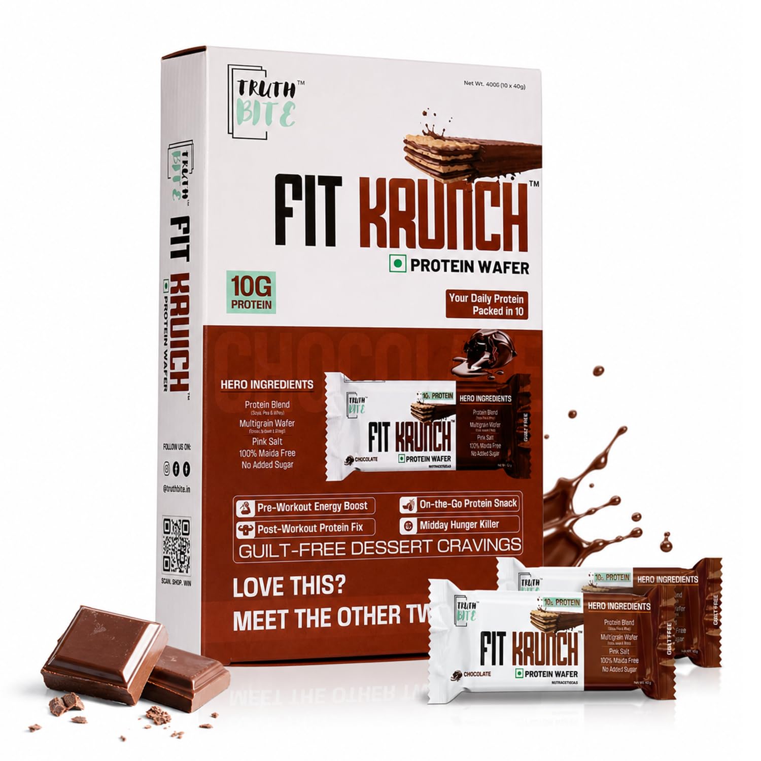 TRUTH BITE FIT KRUNCH Protein Wafer Bars Chocolate Flavour 400g (10 Bars x 40g Each) | 10g Protein Snack | No Added Sugar | Crispy Wafer | Healthy Snack | Zero Maida-image-38