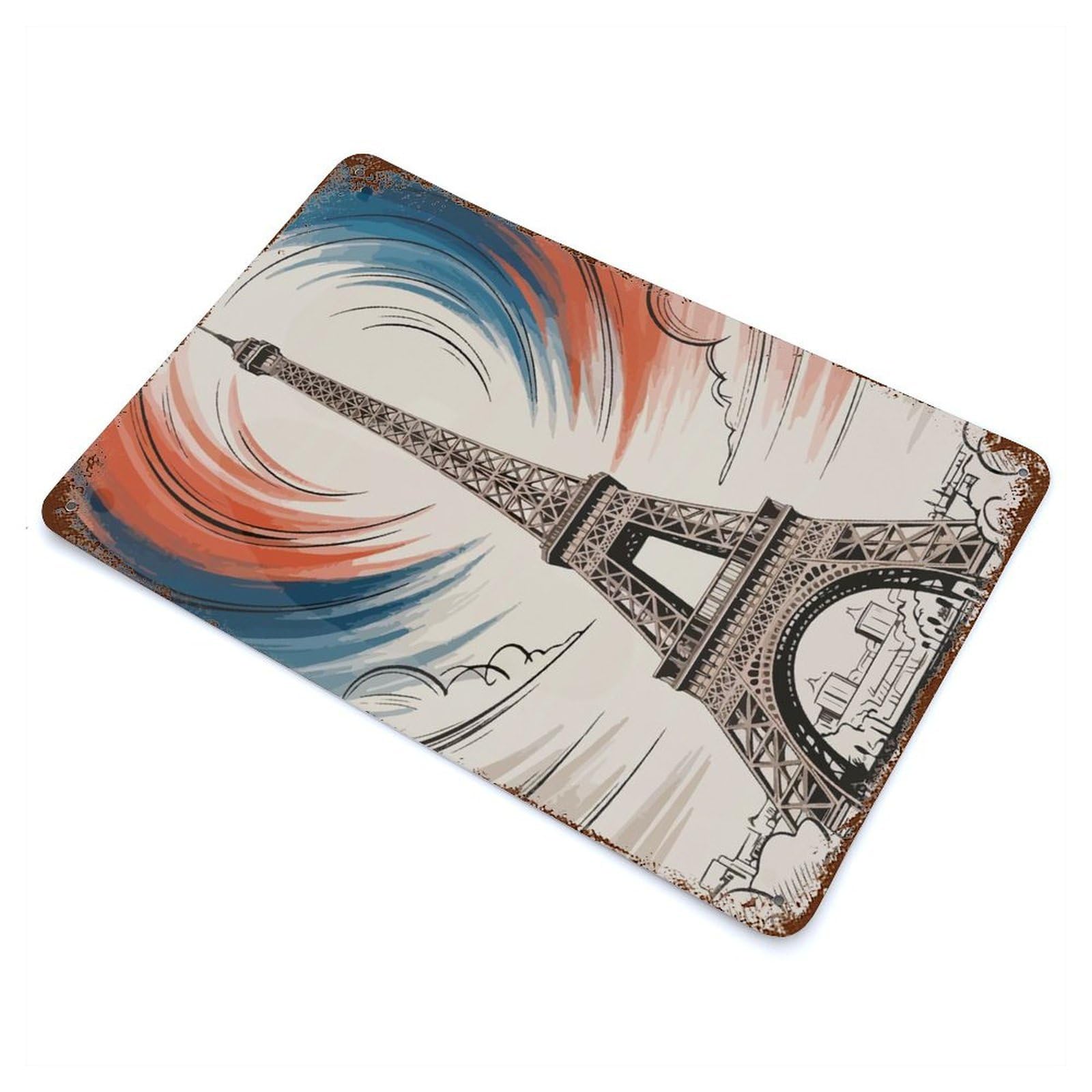 Aged Metal Wall Plaque with Eiffel Tower Art with French Colors Design 11.8"x7.9", for Cafe, Home Bar And Lounge Decor, Novelty Wall Decor