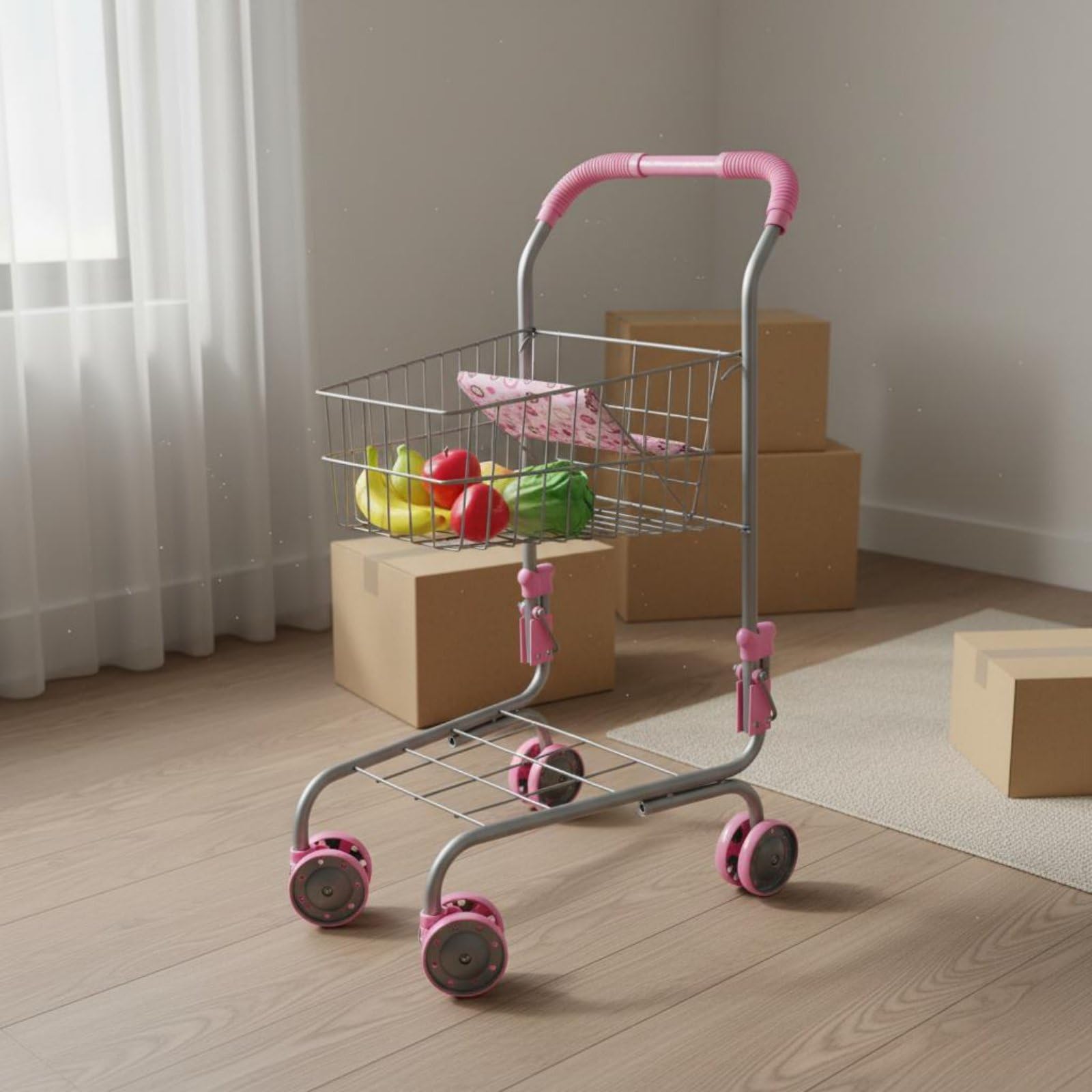 Spielzeug-Einkaufswagen aus Metall realistisches Design Mini-Supermarktwagen einfache Montage Puppen-Einkaufswagen mit Sitz für Kinderzimmer