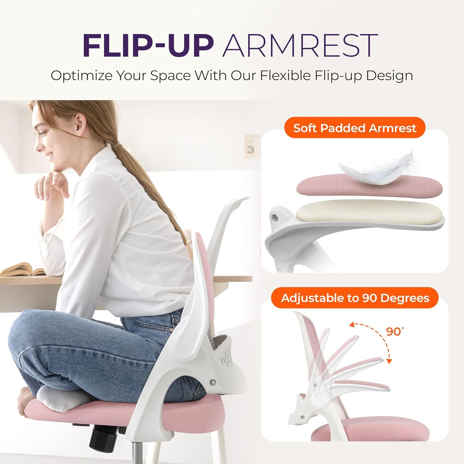 NEO Chair Office Desk Gaming Ergonomic Computer Chair with Lumbar Back Support Adjustable Height Swivel Rolling Wheels Flip-up Arms Mesh Chair for Home Vanity (Pink)