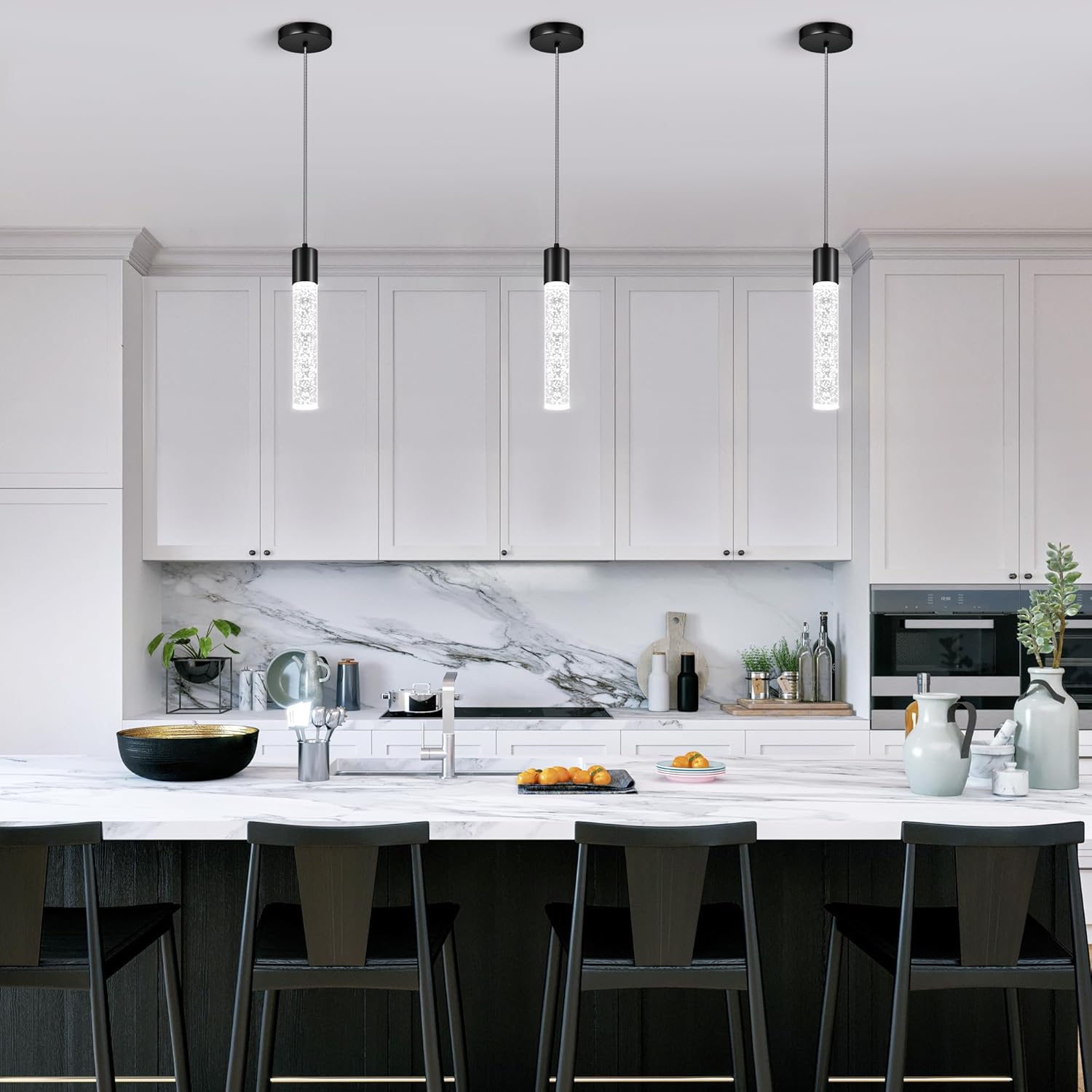 Pendant Lights Kitchen Island, 6500K Modern Kitchen Island Lights Brushed Black, 3 Pack Ceiling Lighting Fixtures with Crystal Bubble, Integrated LED Hanging Light for Dining Room Restaurant