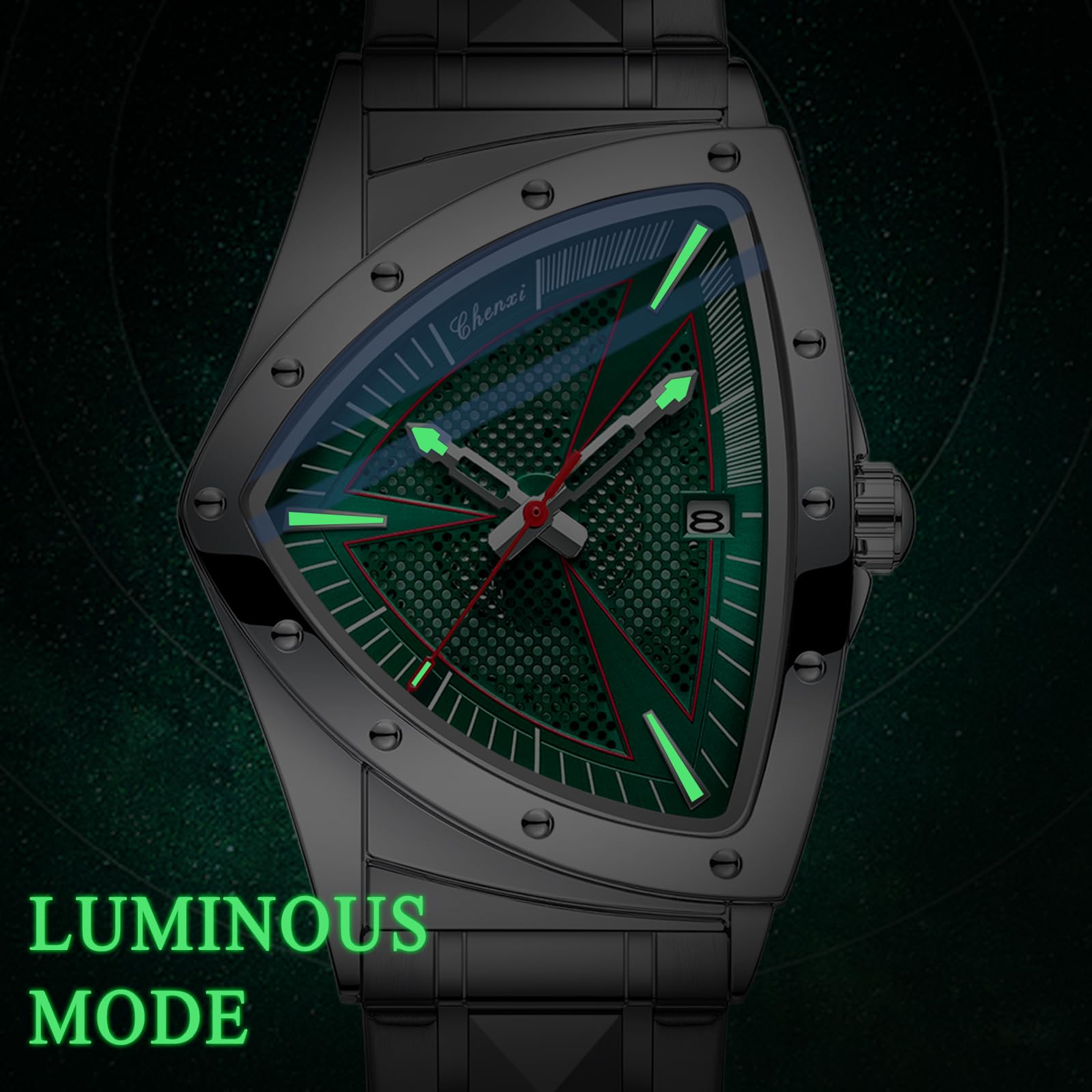 JewelryWe Reloj de Hombre Cuarzo Analógico: Caja Triangular, Correa de Acero Inoxidable, Agujas Luminosas, Índices Luminosos, Calendario, Resistente al Agua, Reloj Negocios,Regalos para Hombres