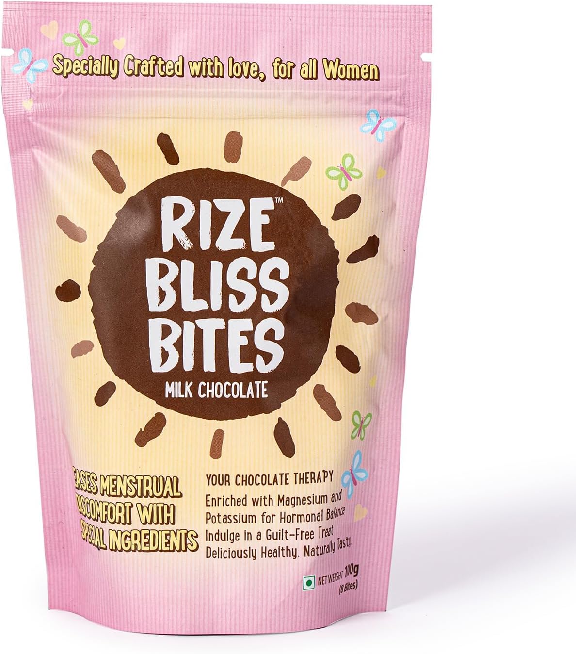 RIZE Bliss Bites - Period Cramp Relief Chocolate | Sugar Free Chocolates for Women Health | Menstrual Cramp Relief Solution for Women and Girls | Helps to Reduce Menstrual Pain | Guilt Free Chocolate | Flavour- Milk, 8 Bites Pack