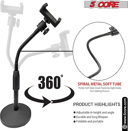 Miniatura 3 de 5 CORE Soporte de cuello de cisne para mesa de escritorio, brazo flexible con base redonda antideslizante, abrazadera de montaje para teléfonos