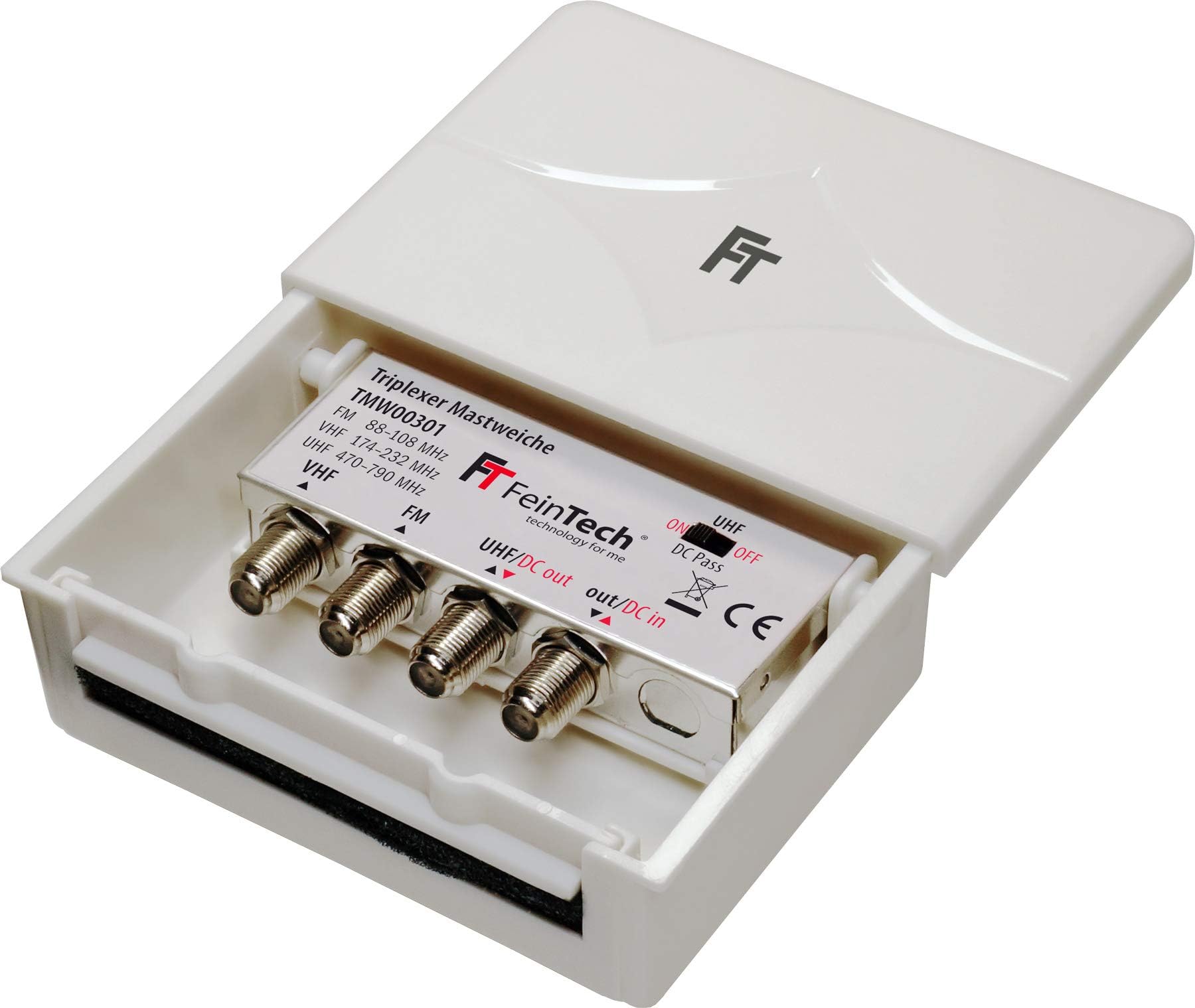 FeinTech TMW00301 3-Way Triplexer Mixer DAB Radio Freeview Digital TV Outdoor Mast Combiner for FM/VHF/UHF Antenna, White