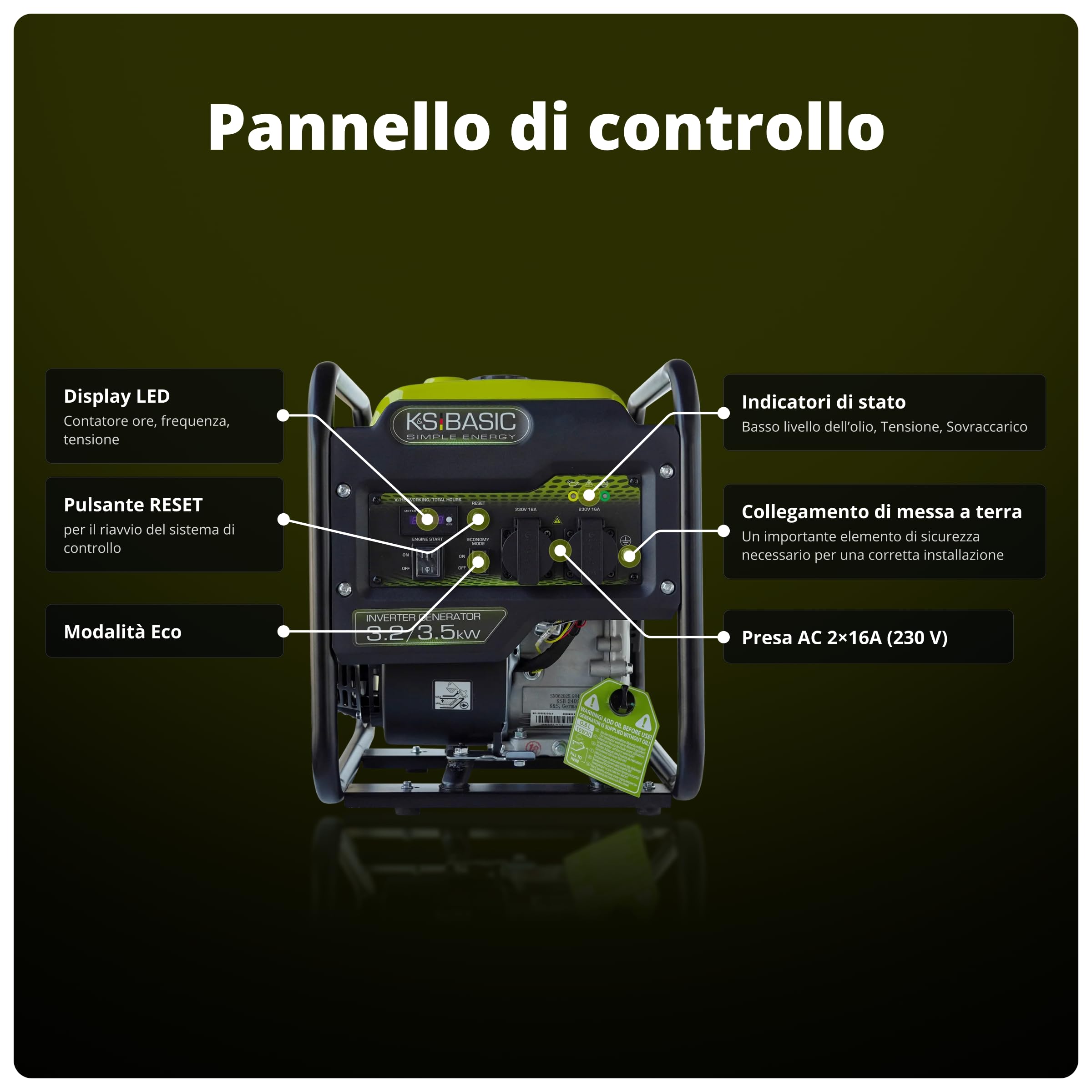 K&S Basic KSB 35i - Generatore di corrente a benzina a 4 tempi, con regolatore di tensione automatico, protezione contro la mancanza di olio, norma EURO V, 3500 W, 2 x 16 A (230 V) per uso domestico