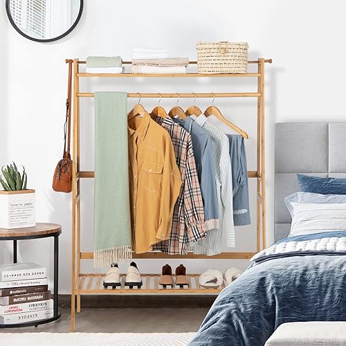 Miniatura 2 de Tangkula Perchero de bambú con estantes de almacenamiento, perchero independiente con estante superior, zapatero, 2 ganchos, organizador