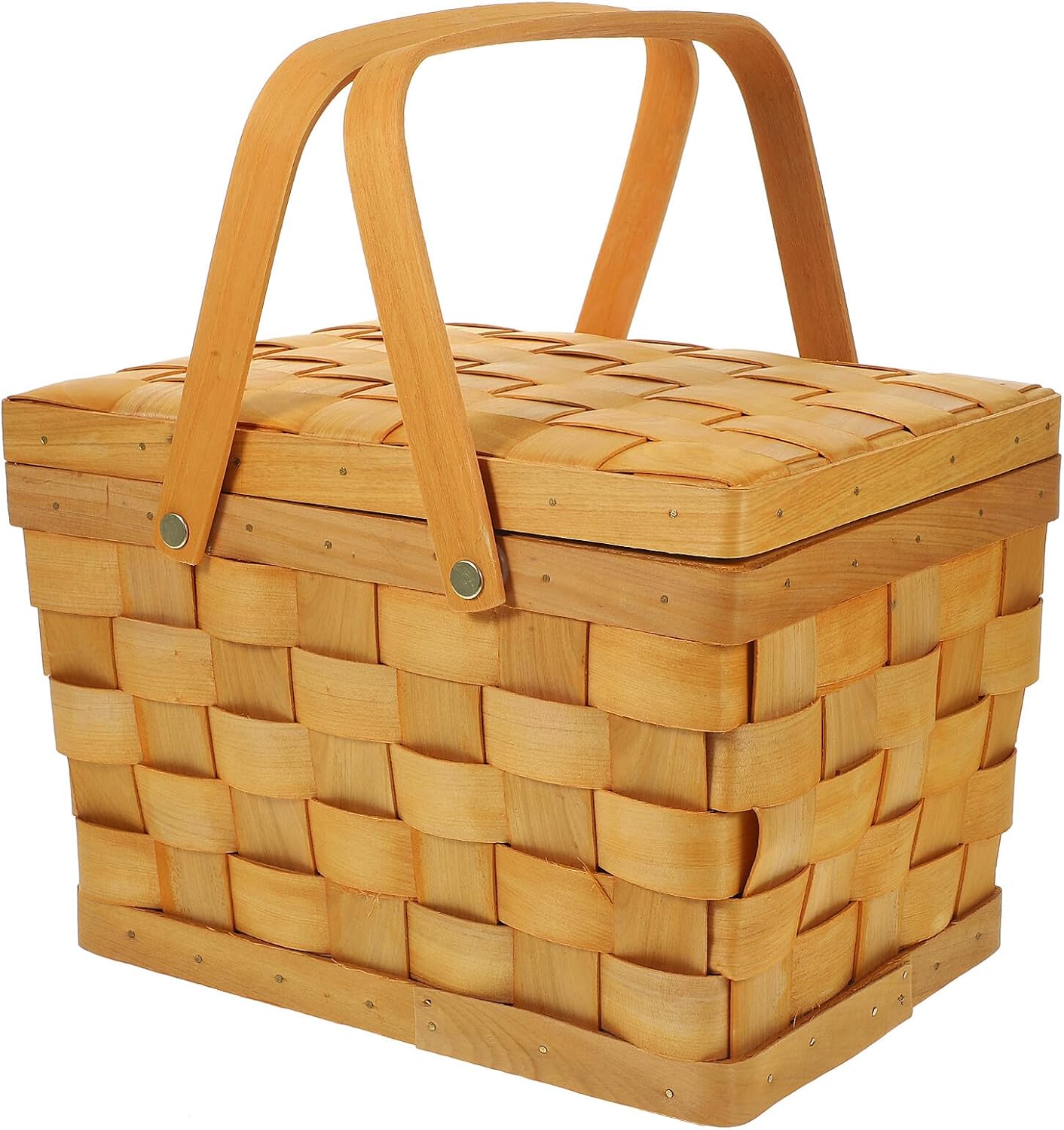 Handheld Woven Wood Chip Picnic Basket with Lid Multipurpose Storage Basket for Outdoor and Home Use Light Color