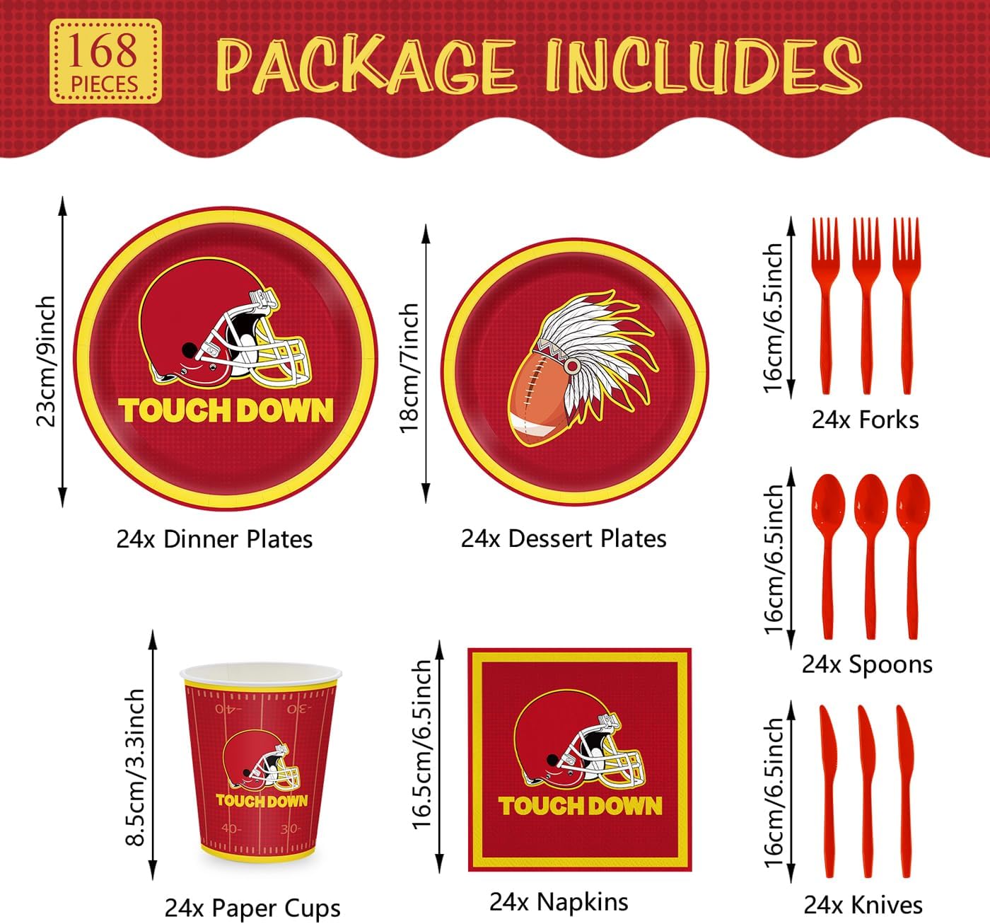 168pcs Red Football Party Supplies Touch Down Plates Napkins American Rugby Tableware Set Disposable Paper Cups Red knives Forks and Spoons Football Birthday Party Decorations Serves 24