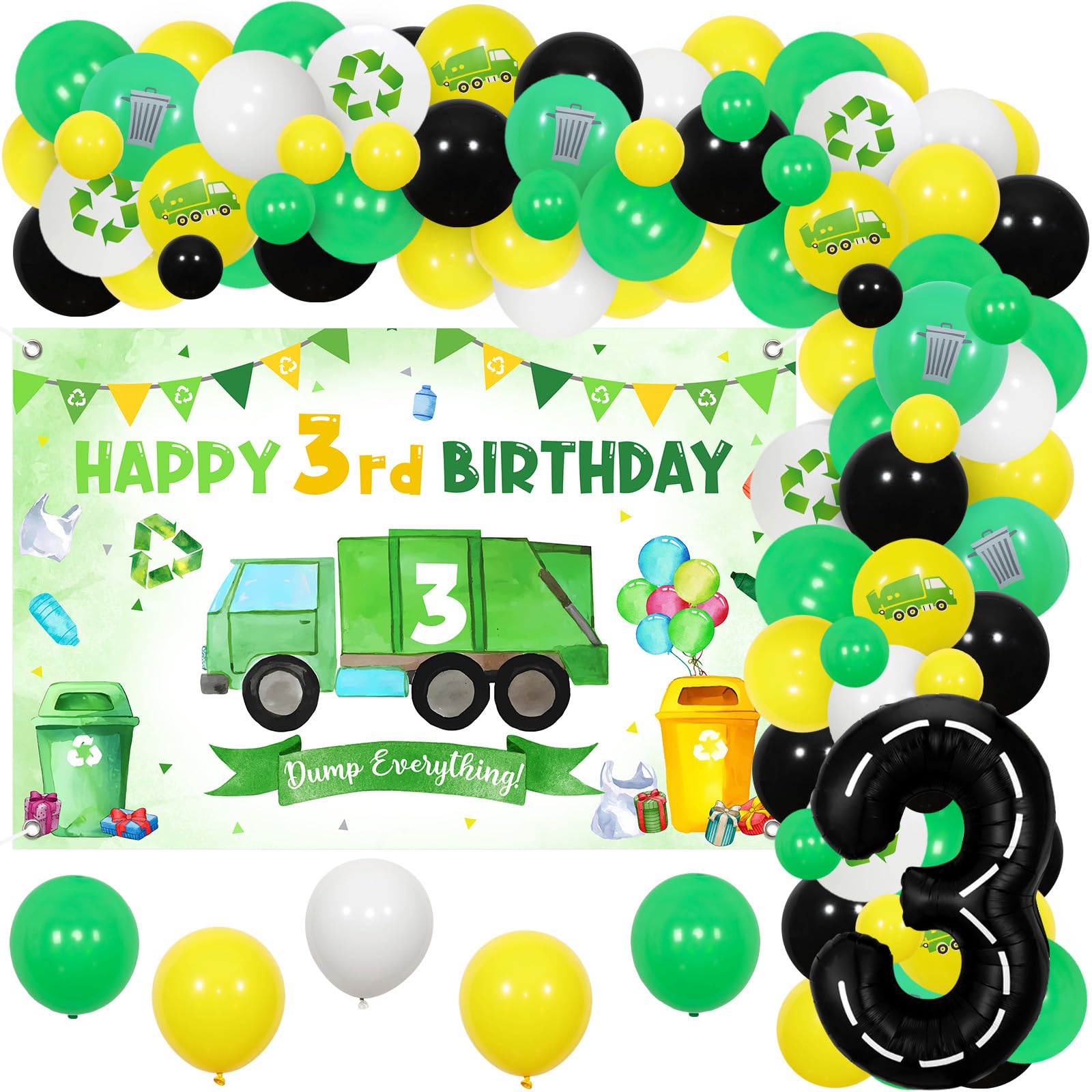 Cheereveal Garbage Truck 3rd Birthday Decorations, Happy 3rd Birthday Backdrop, Trash Truck Balloon Garland Arch Kit, Recycling Waste Management Theme