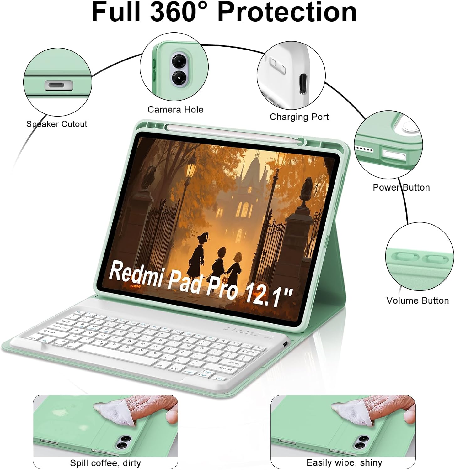 IVEOPPE for Redmi Pad Pro Keyboard with Case for Xiaomi Redmi Pad Pro 12.1 inch 2024/Xiaomi Poco Pad 12.1" PU Leather Cover Detachable Bluetooth Wireless Keyboard with Pencil Holder,Green