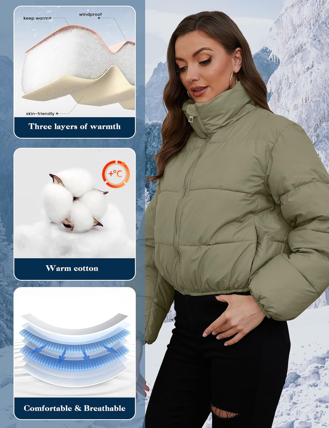 Yimoon Women's Cropped Puffer Jacket Quilted Lightweight Stand Collar Full Zip Short Down Jacket - Image 5