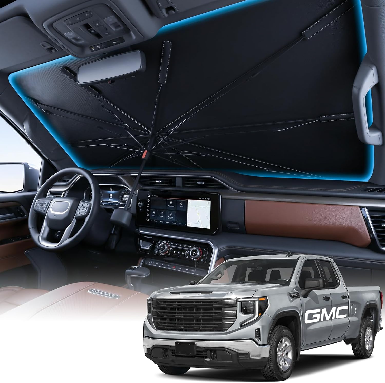 Wigoo Windshield Sun Shade Umbrella for GMC Sierra 1500/2500/3500 2019-2026 [100% Sun Blockage, Ice Cooling Fabric] Foldable Front Window Sunshade for GMC Sierra 1500/2500/3500 2019-2026