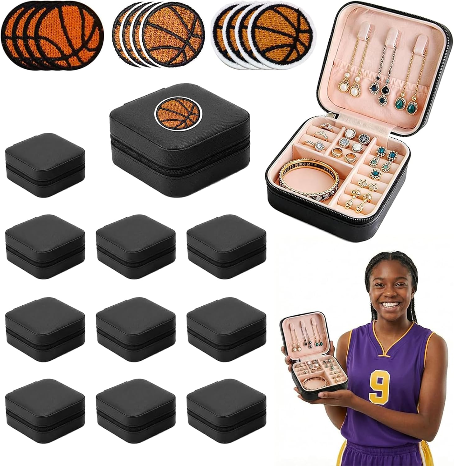 12 Portable Jewelry Storage Boxes. Very Suitable For Daily Use And Travel. An Ideal Gift For Birthdays And Parties. Protect Jewelry And Keep It Tidy. Equipped With Embroidered Basketball Stickers