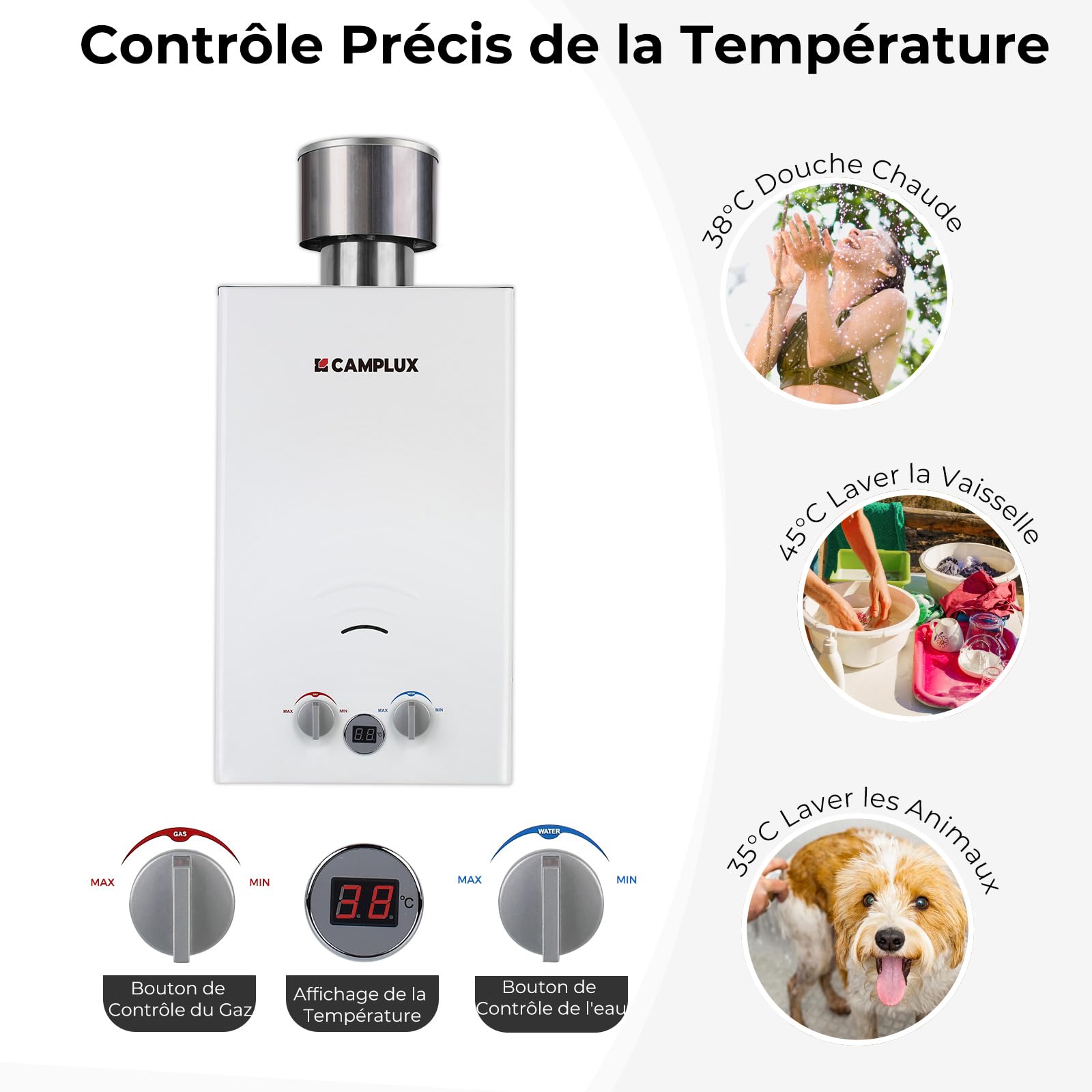 CAMPLUX BW264C 10 Litres Chauffe-eau à Gaz, Butane (28-30 mbar)/ Propane (37 mbar), avec Couvercle de Pluie, pour le Camping/RV