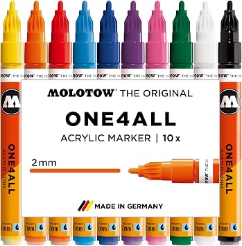 Molotow One4All 127HS Acryl Marker Basic-Set 1 2,0 mm Strichstarke, hochdeckend und permanent, UV-bestandig, fur fast alle Untergrunde 10 Stuck sortiert