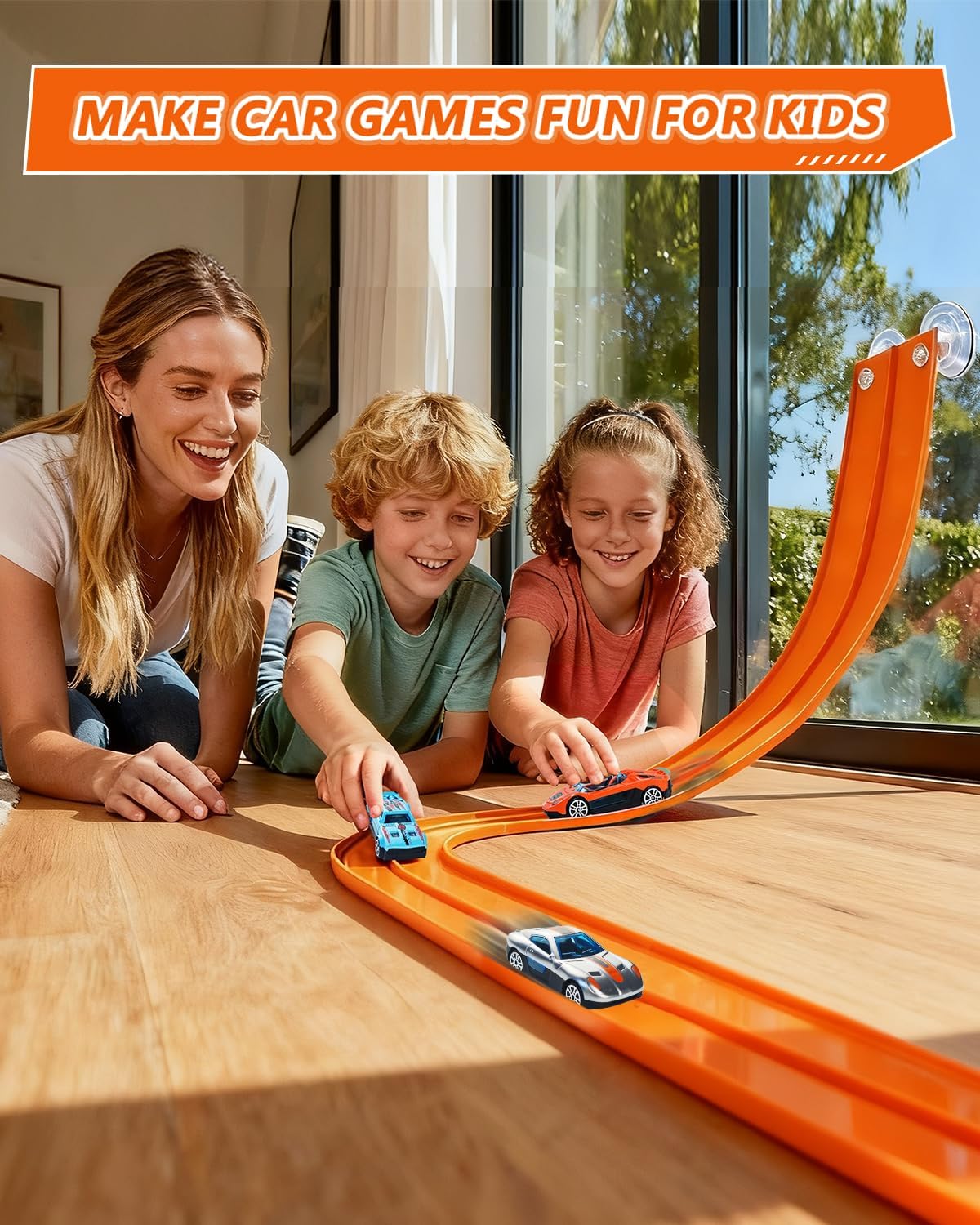 Flexible Race Track for Kids – 15 Ft Roll-Up Car Track with Suction Cups, Fits 1:64 Diecast Cars, Portable Bendable Track Toys for Boys Girls Ages 3+, Orange
