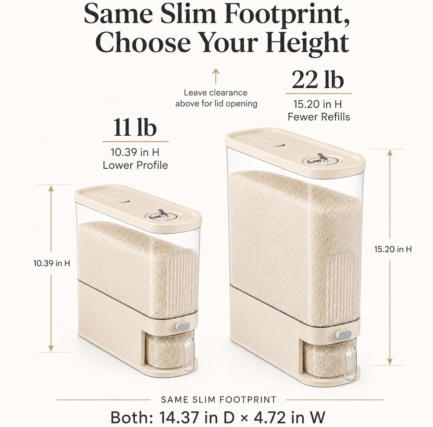 Slim Rice Dispenser, Up to 11 lb Rice Container with Measuring Cup