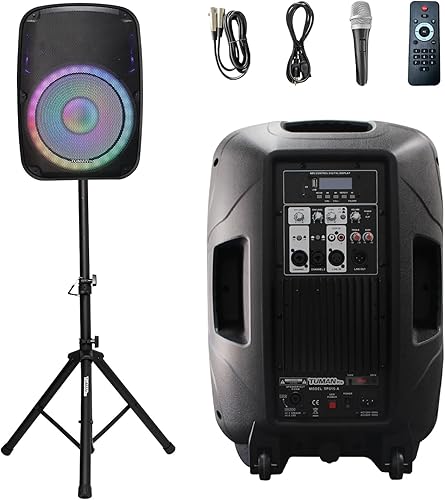 Sistema de altavoces PA portátil de 15 pulgadas DJ altavoz amplificado con soporte Bluetooth/USB/lector de tarjetas SD/radio FM/control remoto/luz