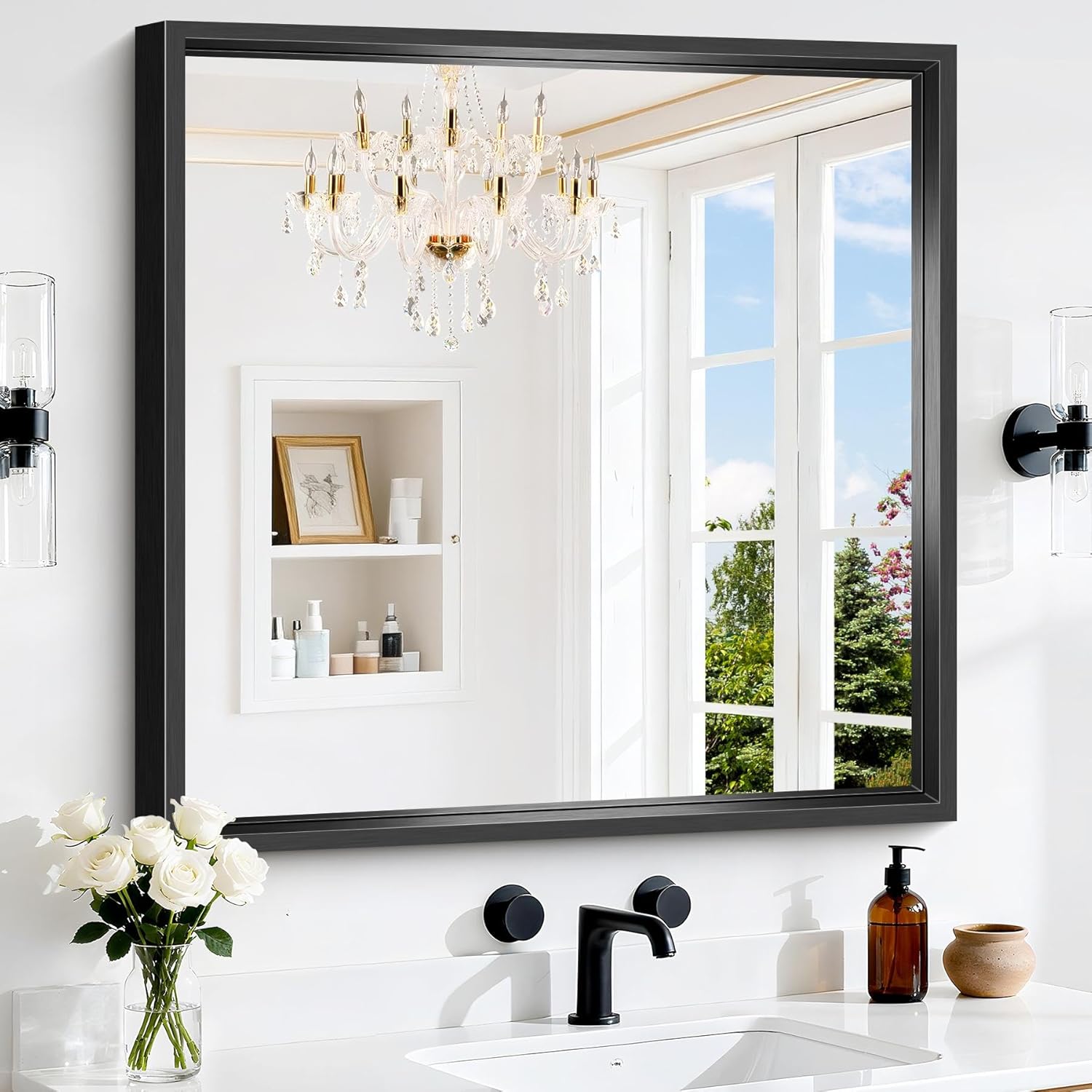 Black Bathroom Mirror, 30x30 Square Mirrors for Wall, 0.6" Thickened Deep Frame, Brushed Black Rectangle Mirrors for Over Sink, Shatterproof Tempered Glass, Antirust, Horizontally or Vertically