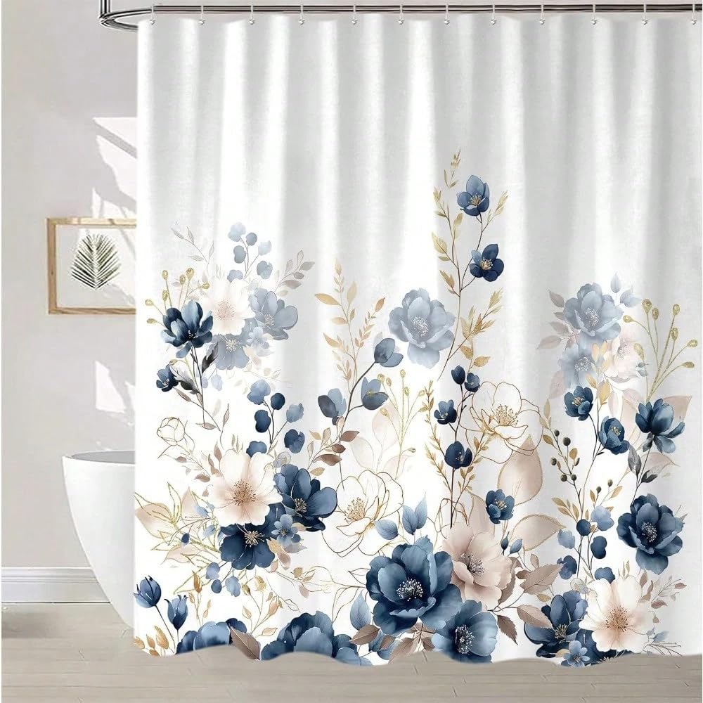 Rideau de douche crème beige bleu en tissu lavable imprimé style ferme mignonne