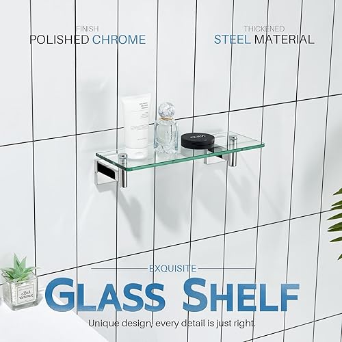 Miniatura 3 de KOKOSIRI Estantes de baño para montaje en la pared, estante de vidrio flotante de acero inoxidable pulido de 12 pulgadas, estante colgante pequeño